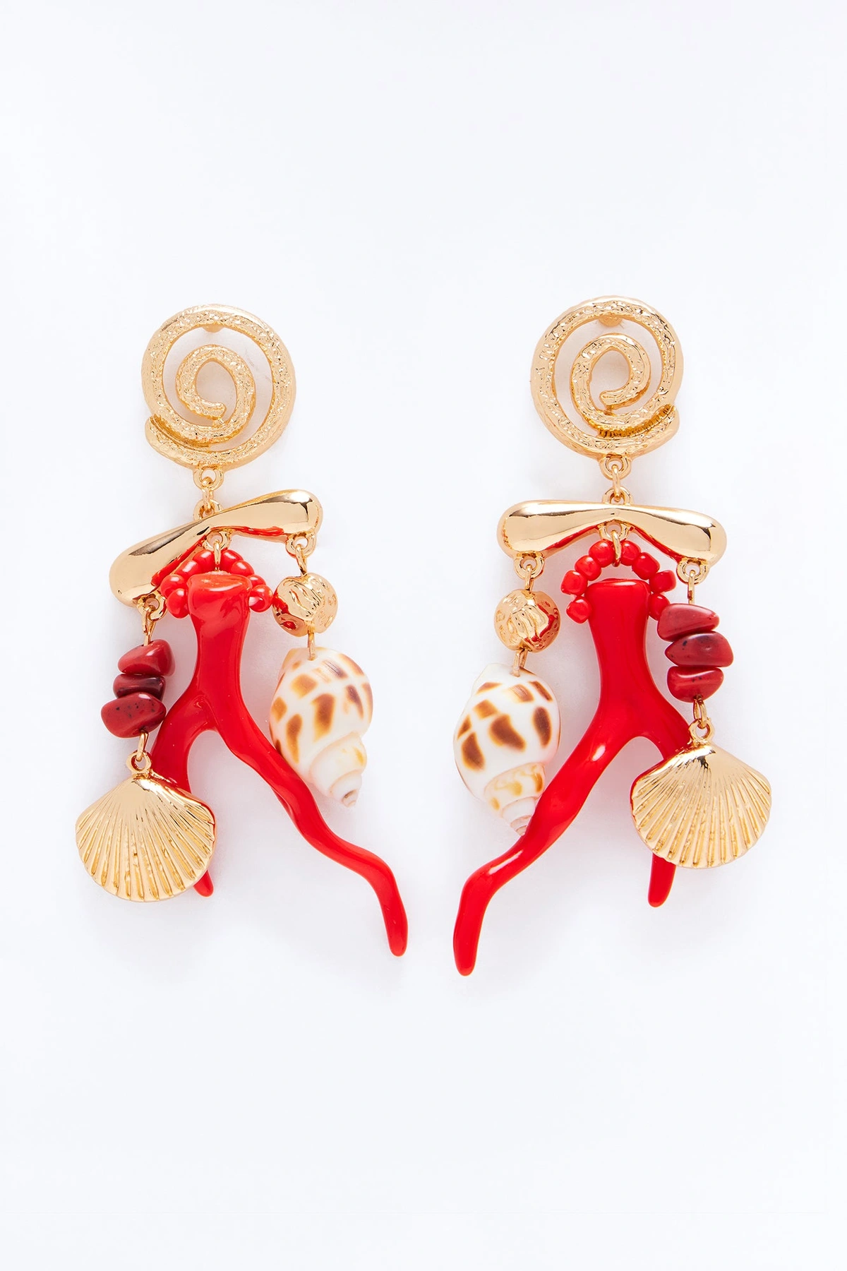Coral Charm Drop Earrings - Gold/Red — Dourado/Vermelho