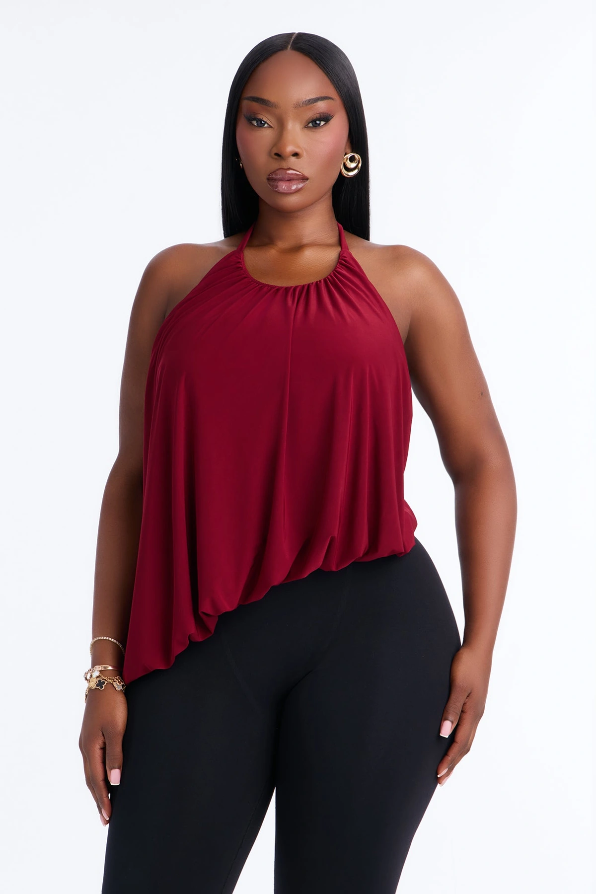 Selena Ruched Asymmetrical Halter Top - Wine — Vinho