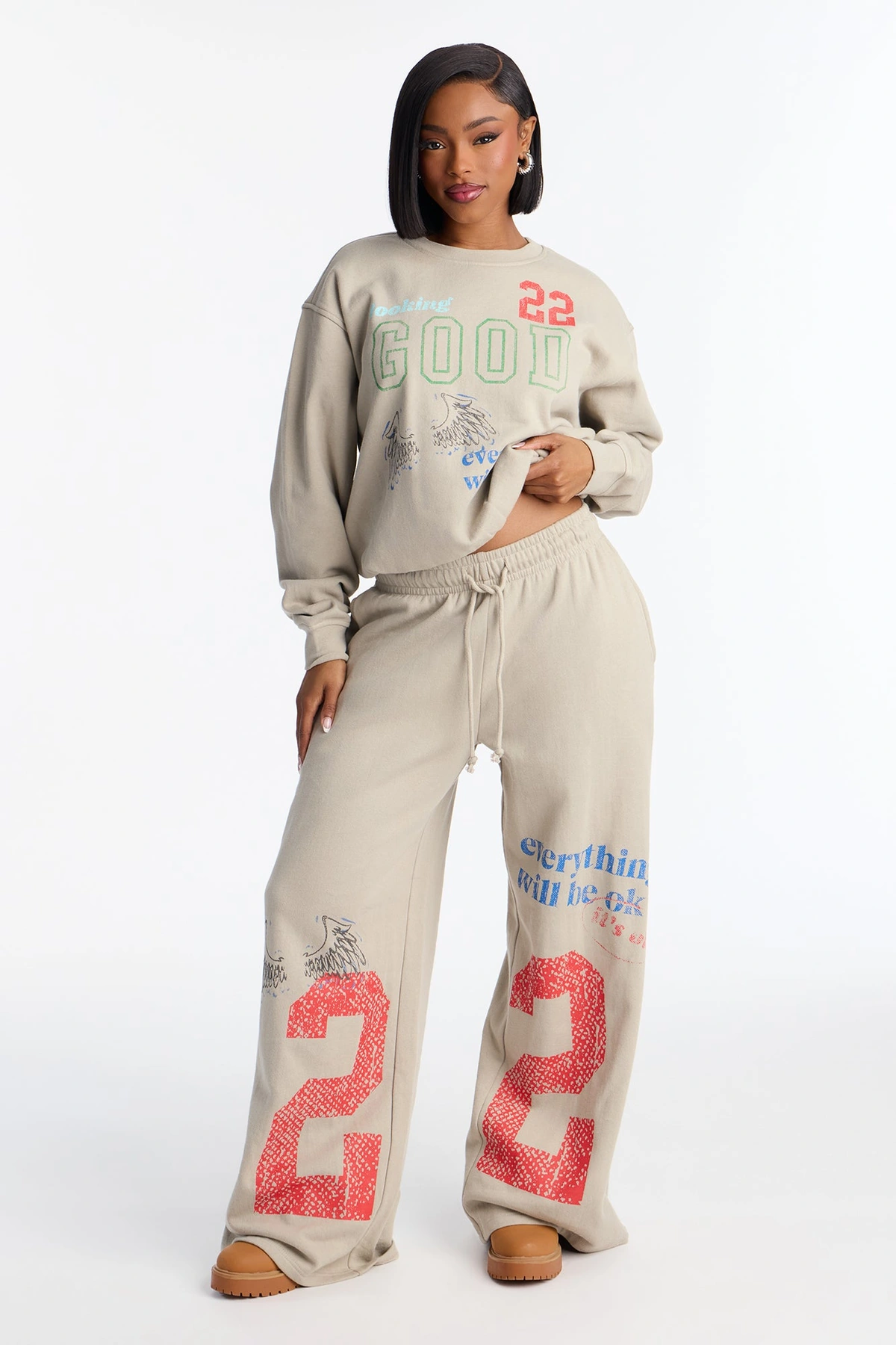 Everything Will Be Okay Fleece Pant Set - Taupe — Bege acinzentado