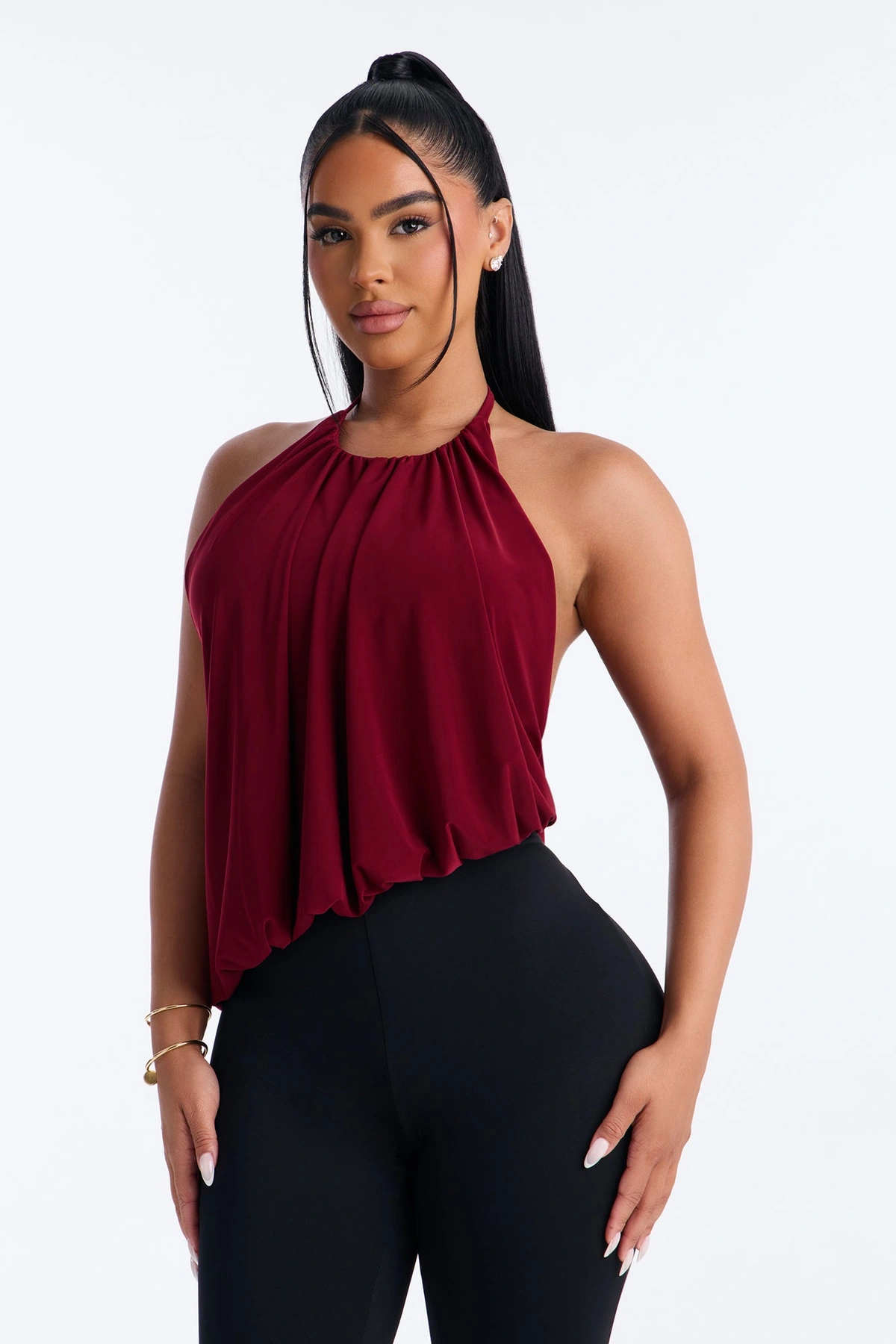 Selena Ruched Asymmetrical Halter Top - Wine — Vinho