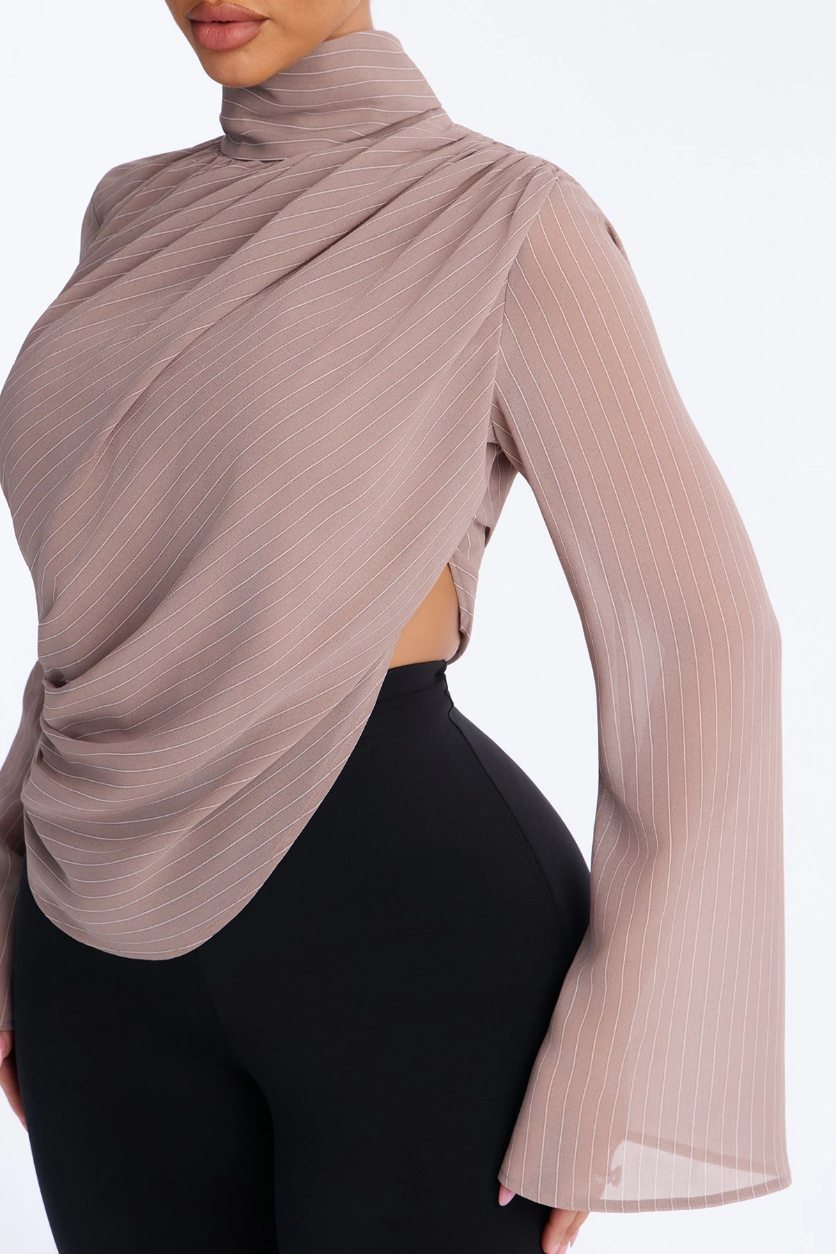 Controlled Desires Striped Long Sleeve Blouse - Taupe/combo — Bege acinzentado/combinação