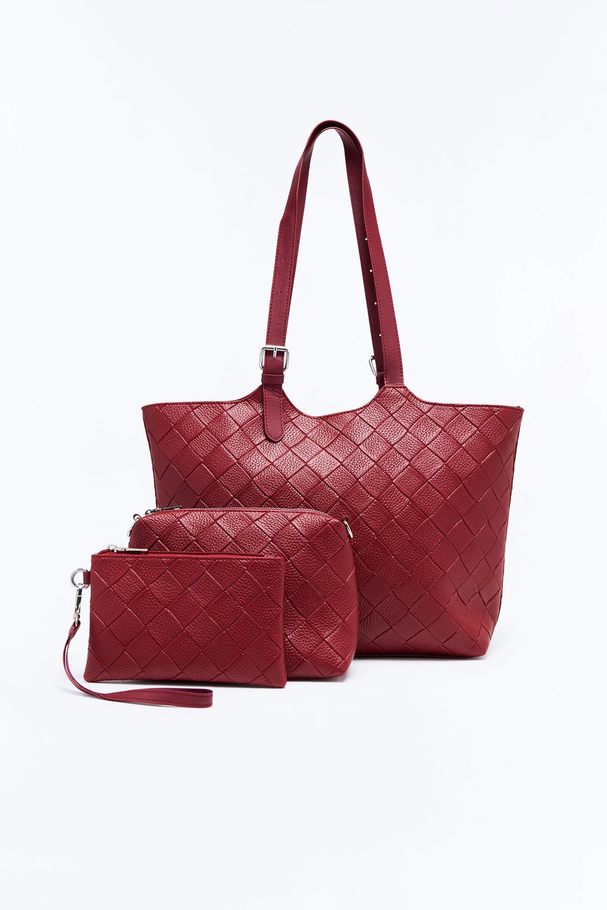 Toteally Together Faux Leather 3 Piece Tote Handbag Set - Burgundy — Bordô