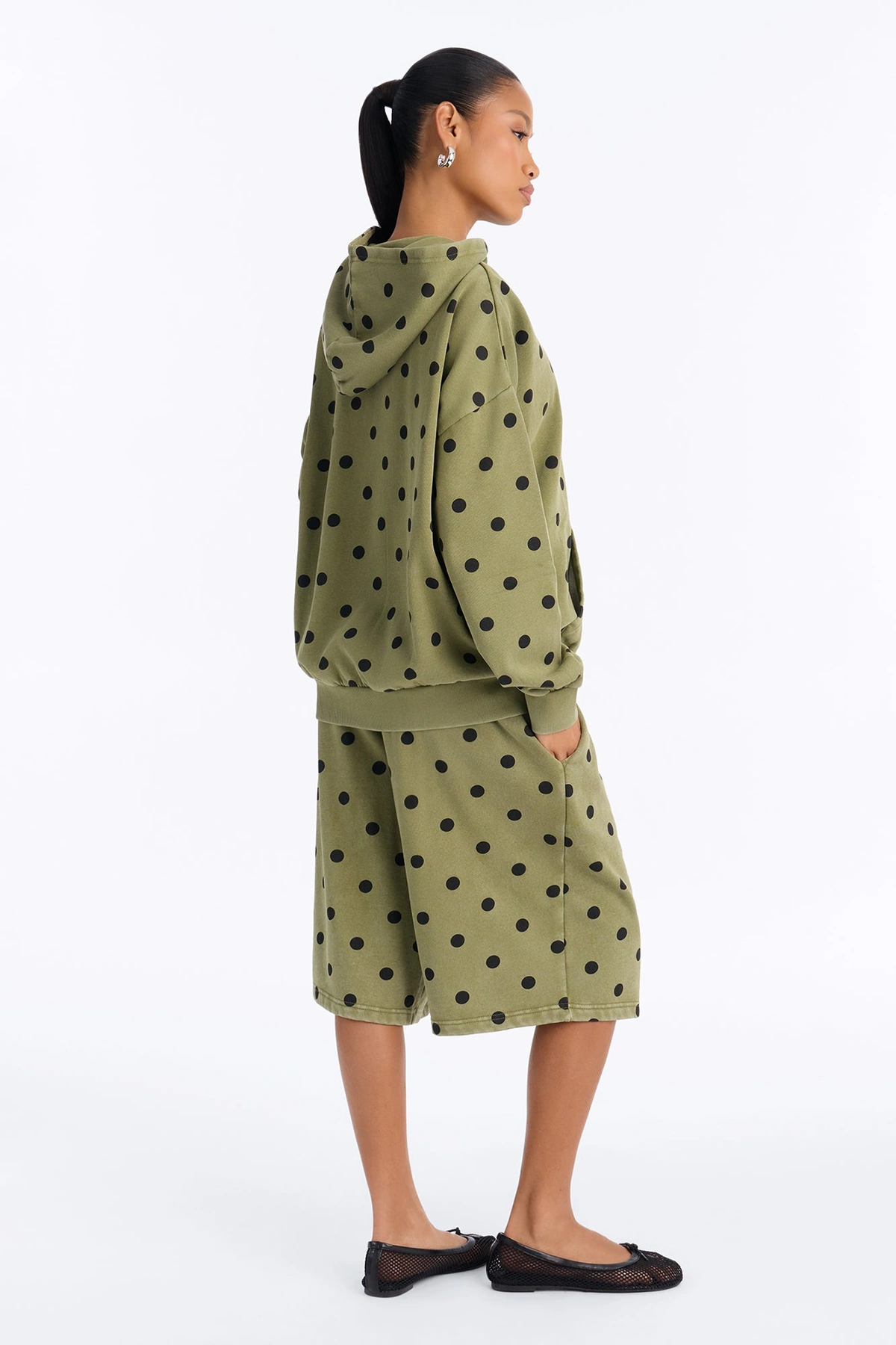 Taylor Polka Dot Washed Fleece Jort Set - Olive — Verde-azeitona