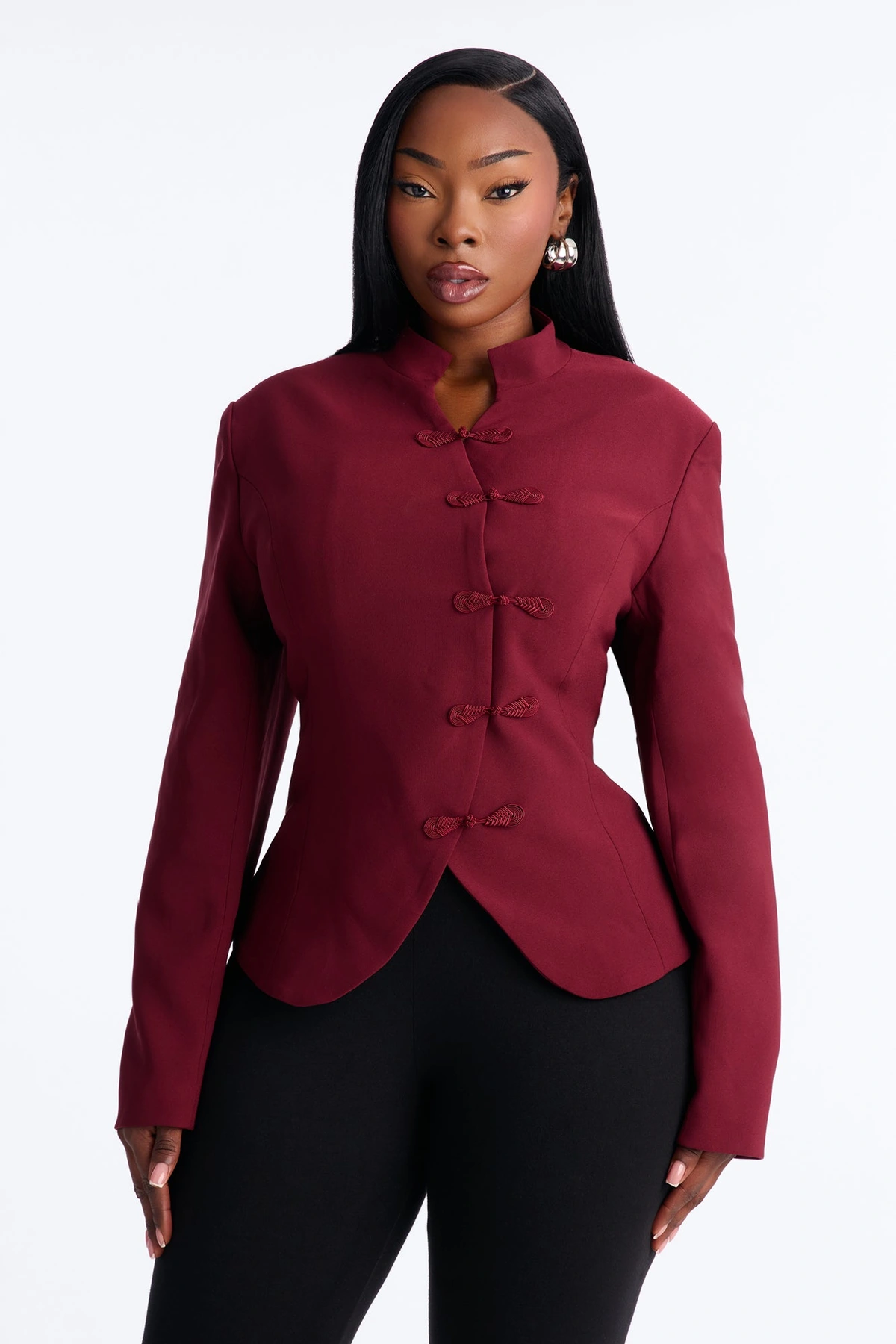 Daphne Frog Closure Peplum Blazer - Burgundy — Bordô