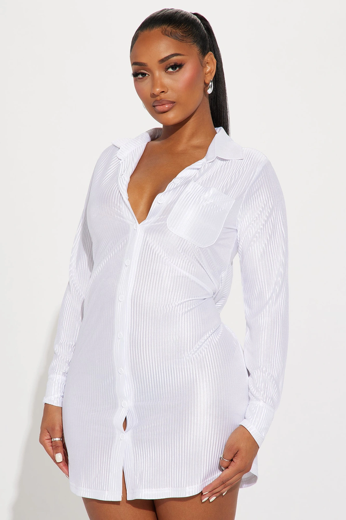 Lisa Plisse Shirt Dress - White — Branco