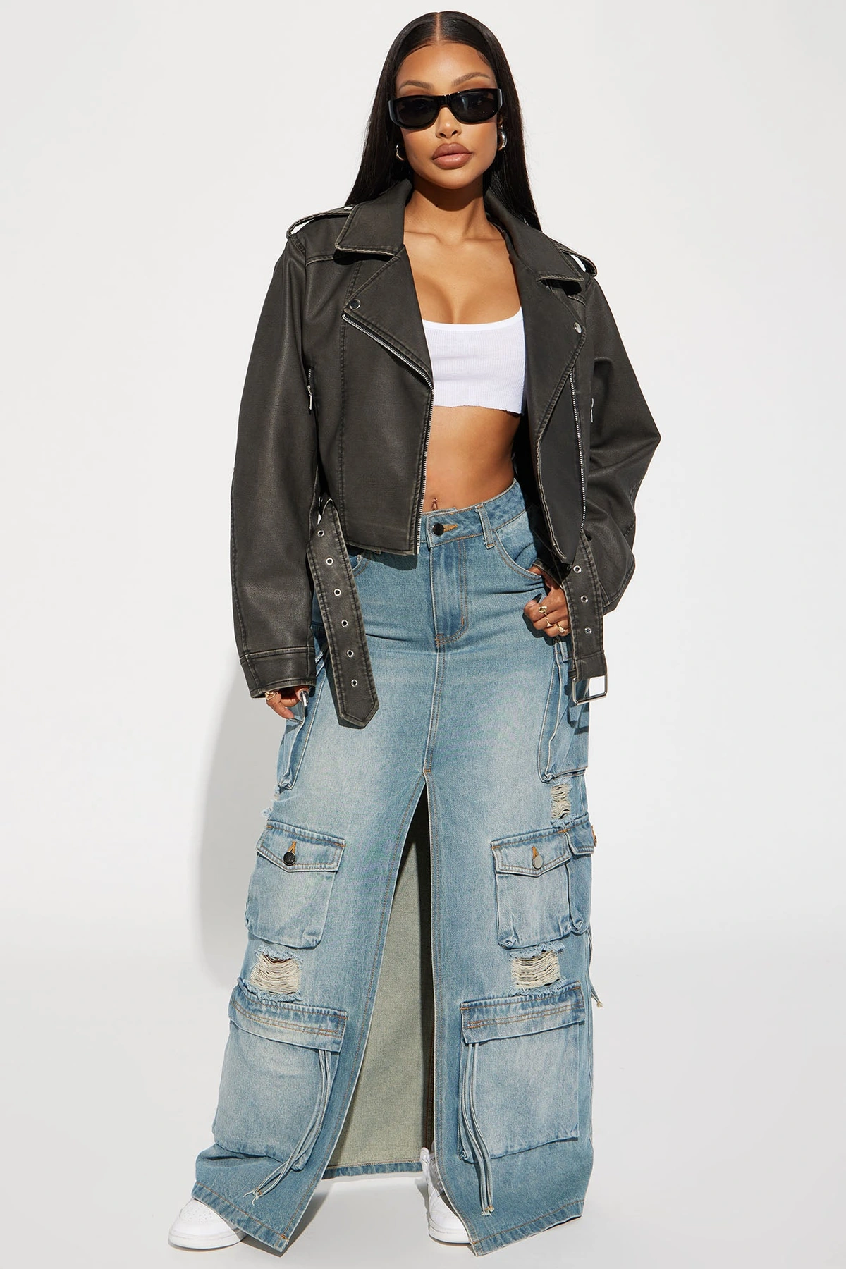 Roxi Washed Faux Leather Moto - Black — Preto