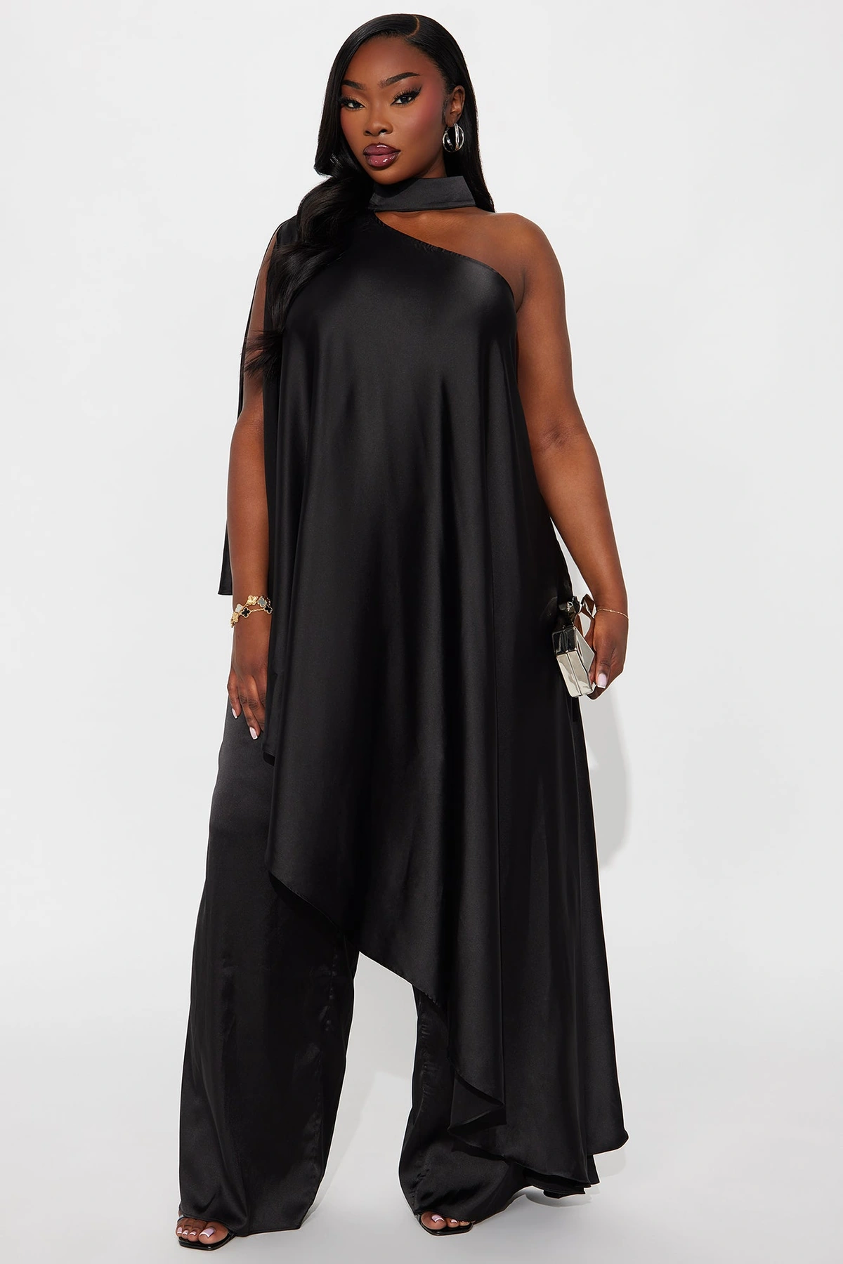 Solana Satin One Shoulder Draped Pant Set - Black — Preto