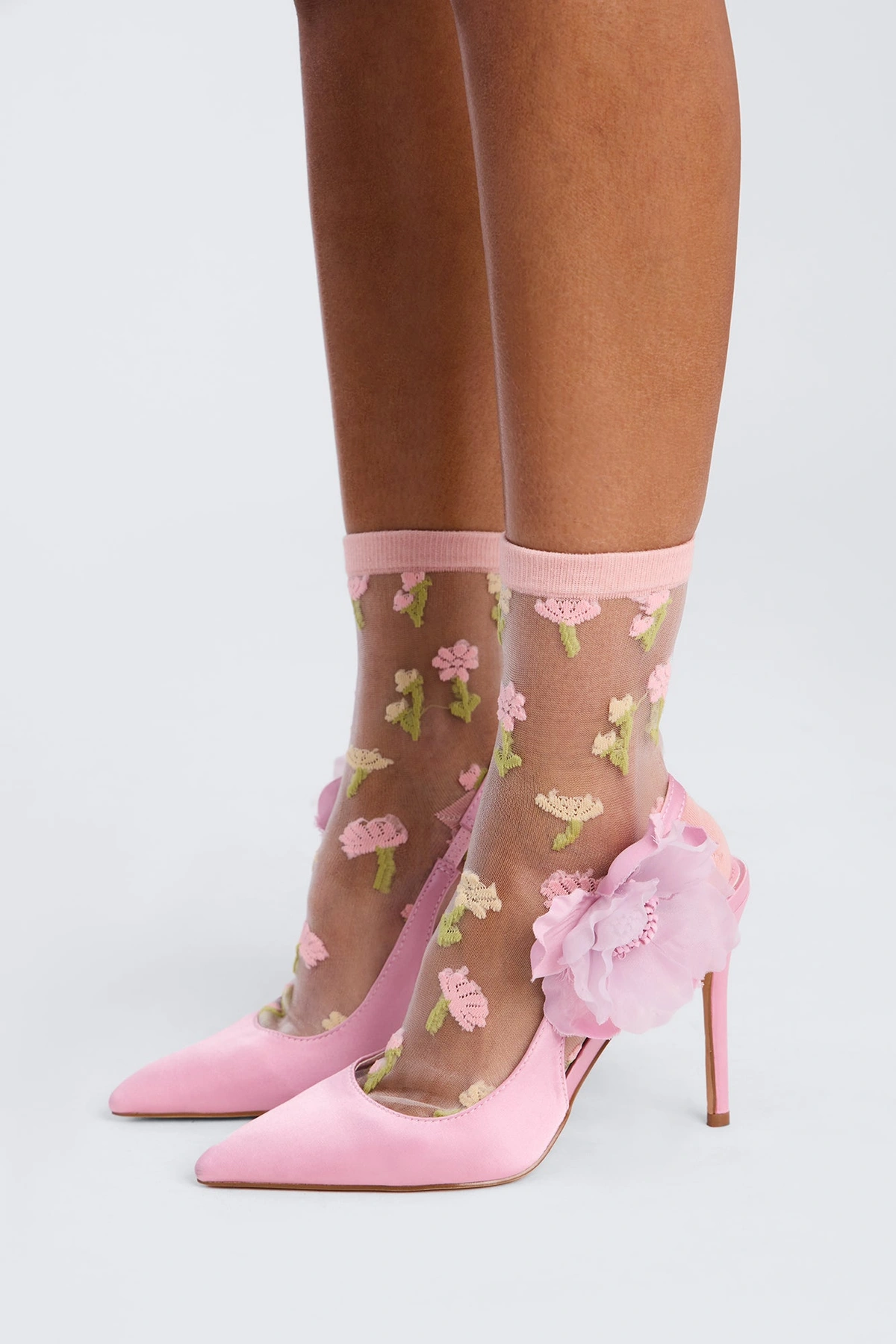 Pink Flowers Sheer Crew Socks - Pink/combo — Rosa/combinação