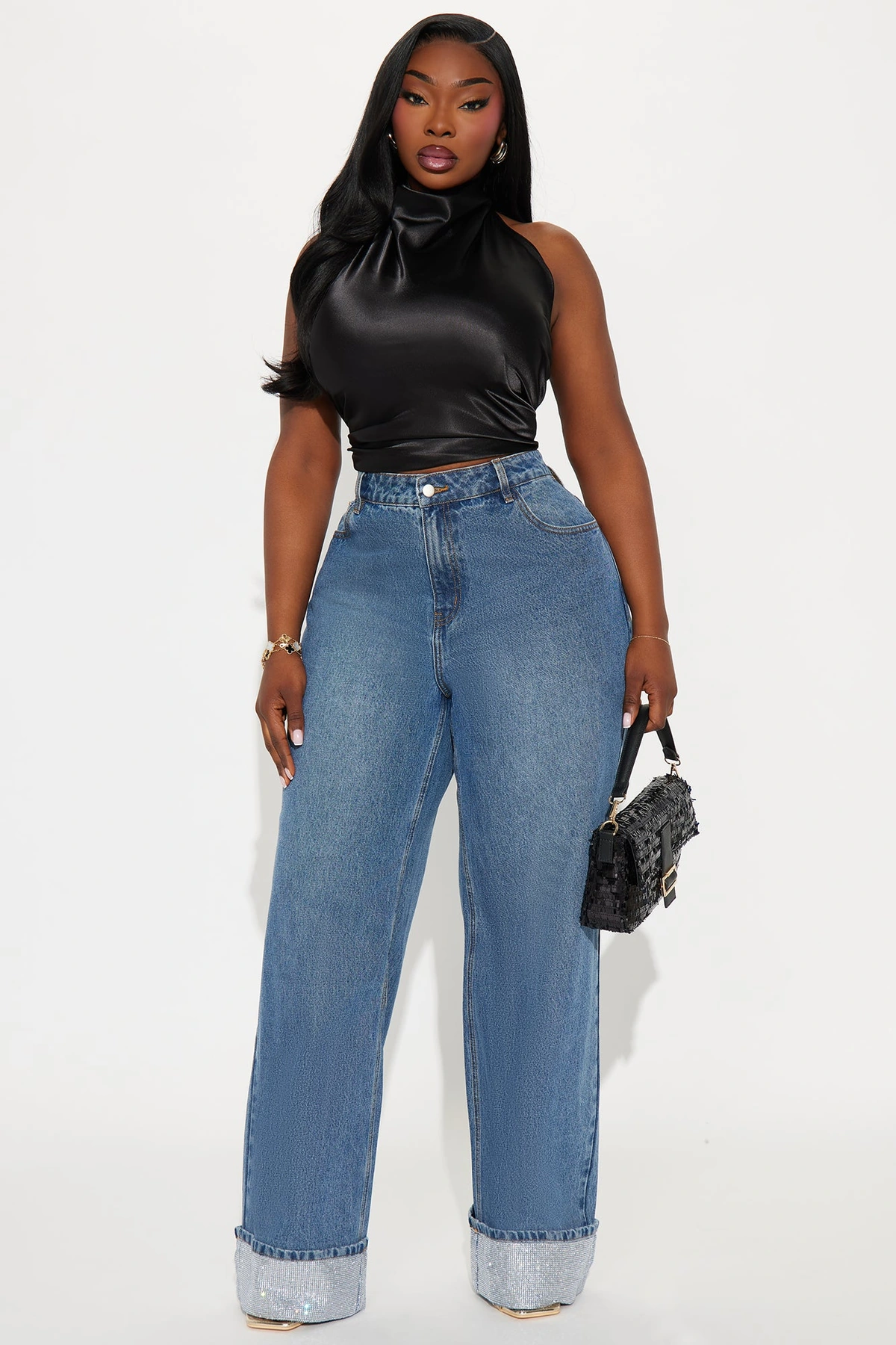 Influential Sparkle Baggy Straight Leg Jeans - Medium Wash — Ganga de lavagem média