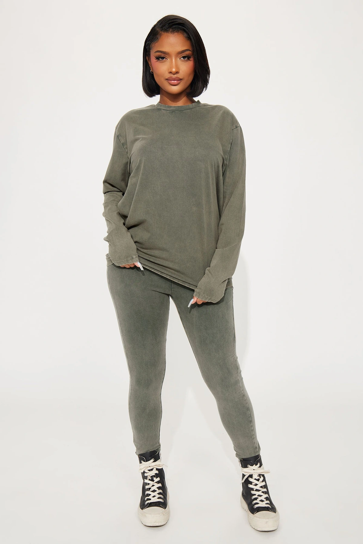 Stepping Out Mineral Wash Long Sleeve Legging Set - Olive — Verde-azeitona