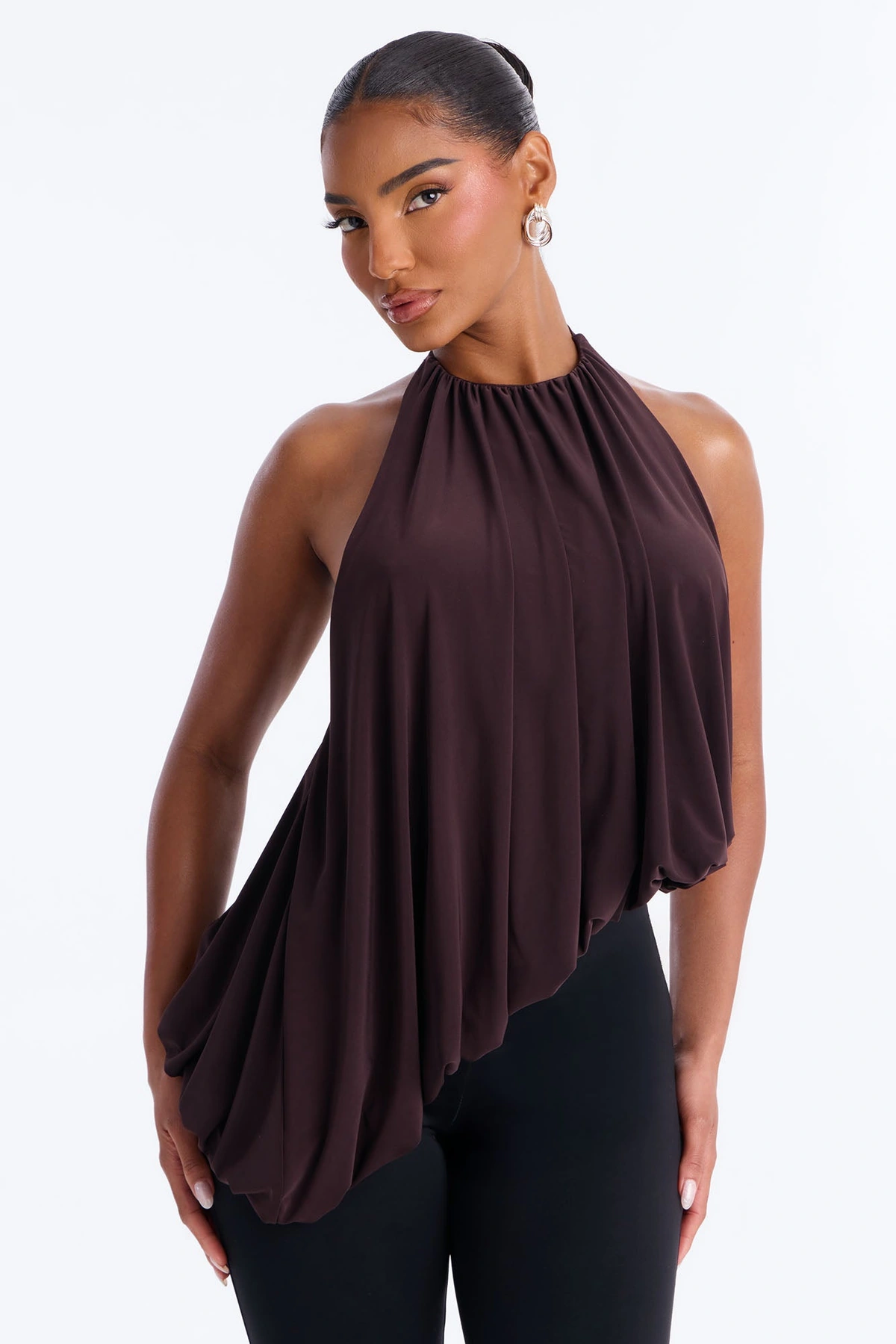 Selena Ruched Asymmetrical Halter Top - Brown — Castanho