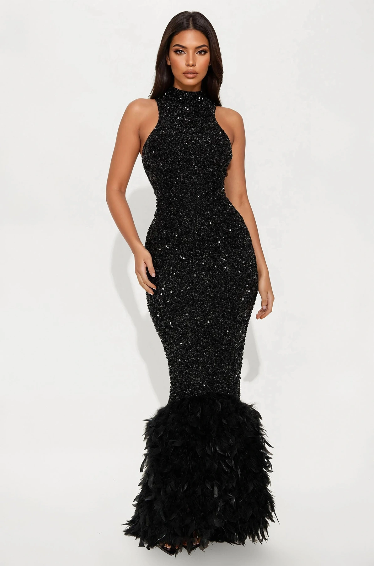 Zoey Feathered Sequin Gown - Black — Preto