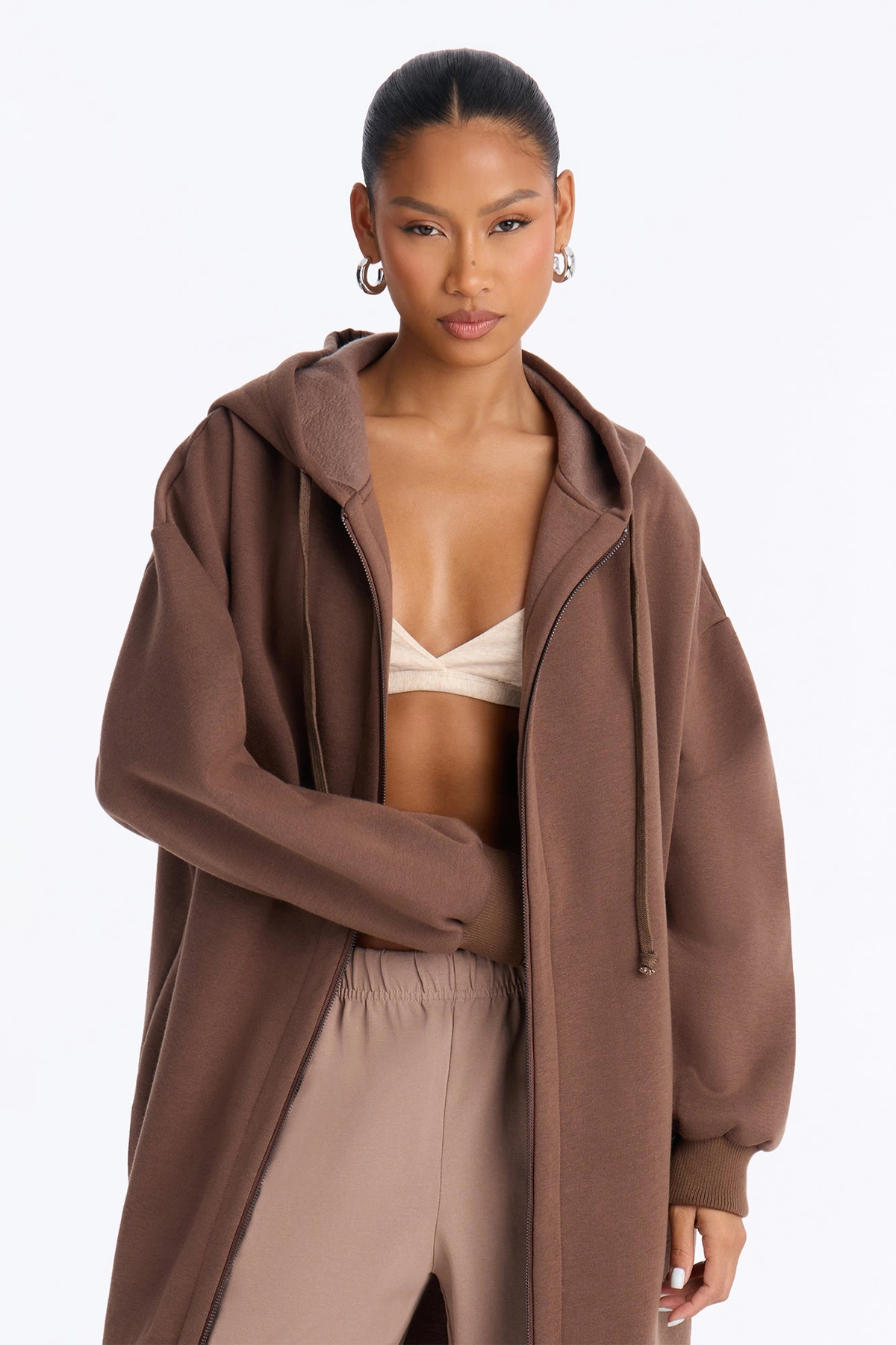Sunday Lounge Fleece Hooded Long Jacket - Brown — Castanho