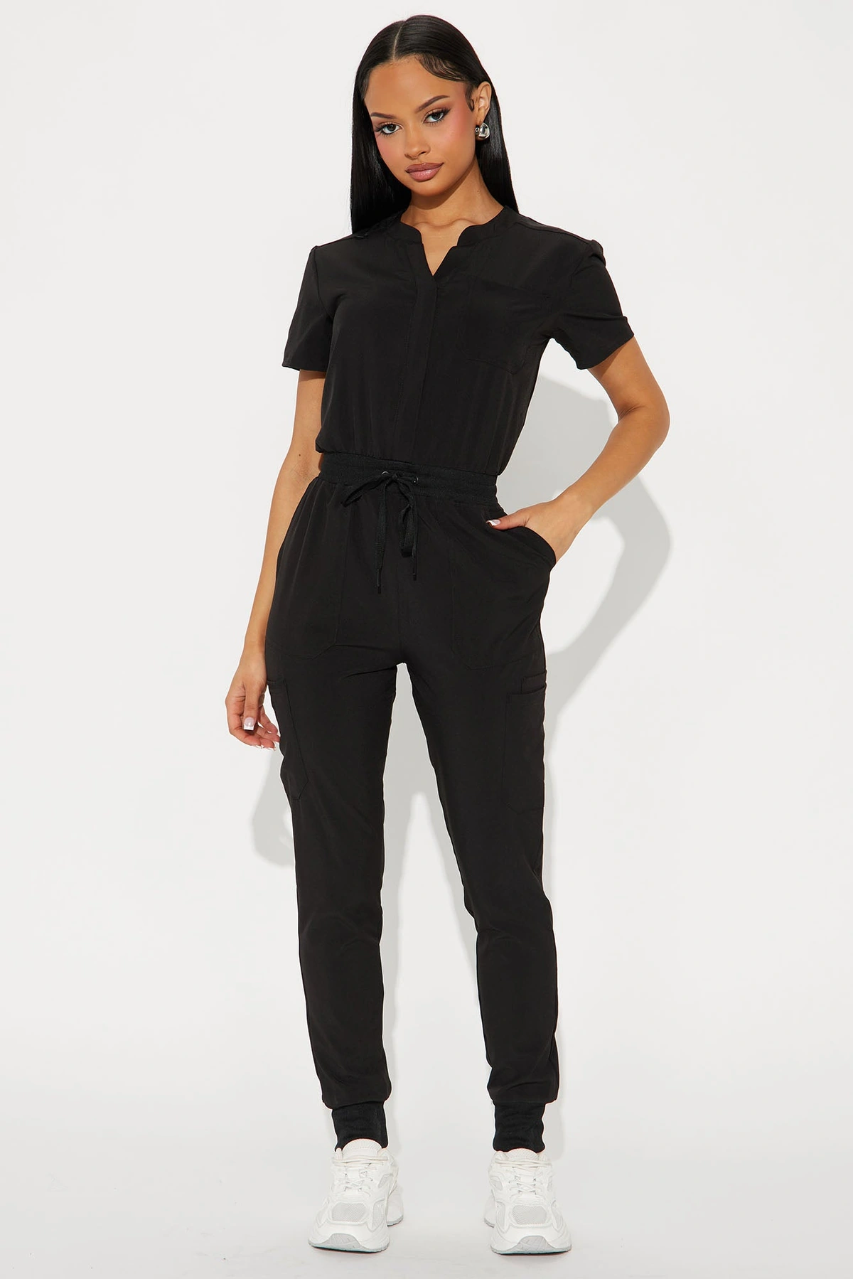 Full Shift Stretch Jogger Scrub Uniform Jumpsuit - Black — Preto