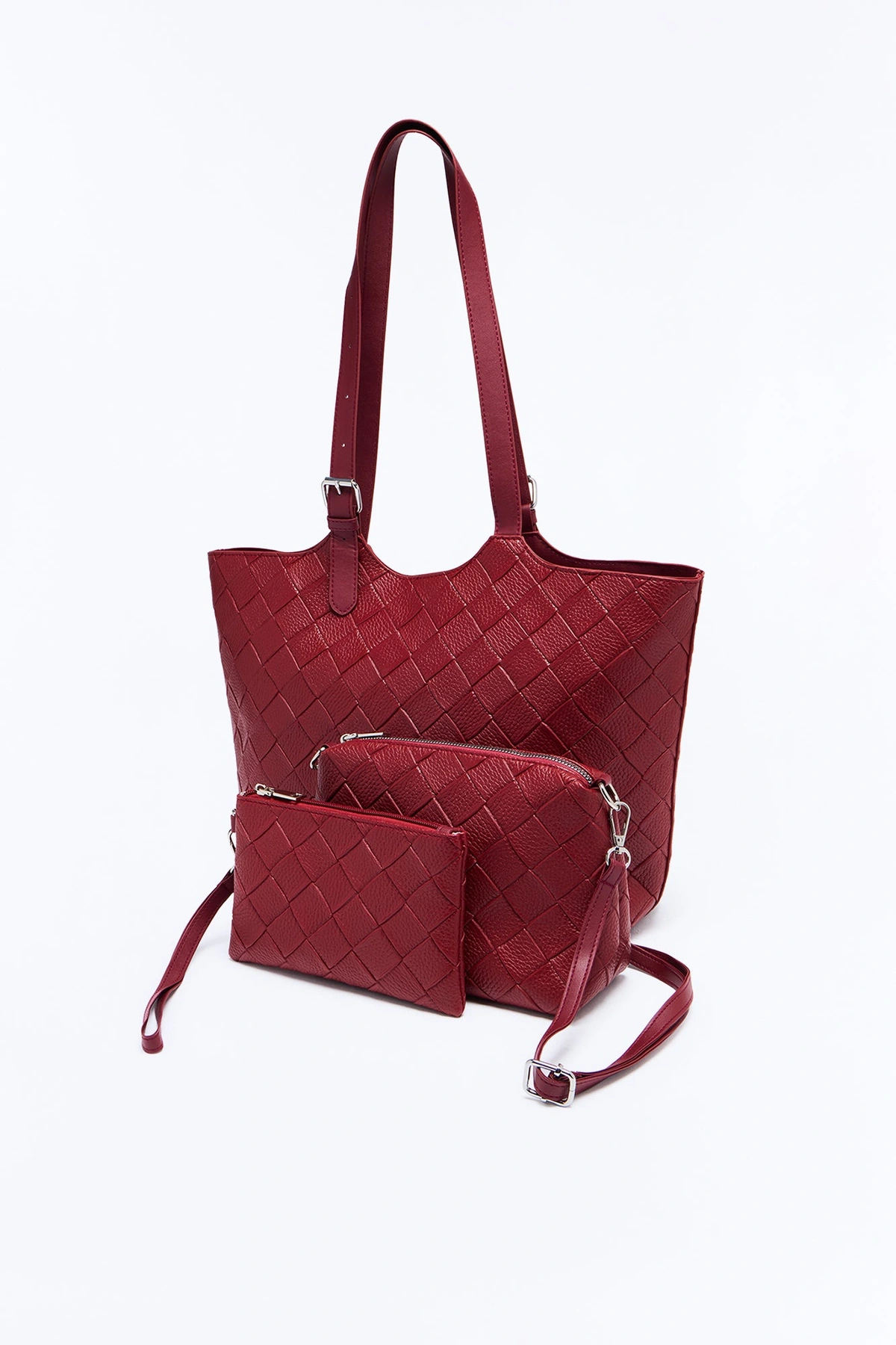 Toteally Together Faux Leather 3 Piece Tote Handbag Set - Burgundy — Bordô