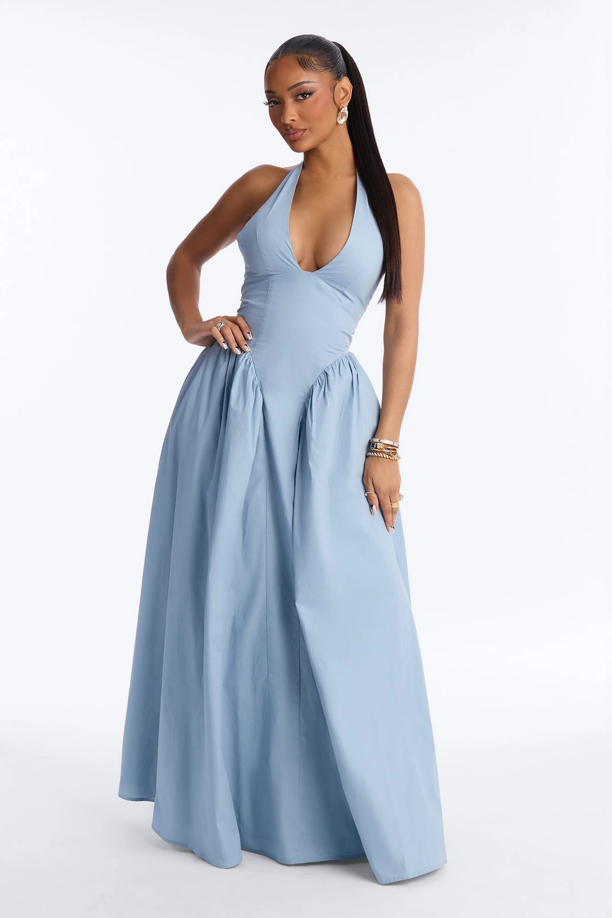 Maisie Drop Waist Poplin Maxi Dress - Blue — Azul