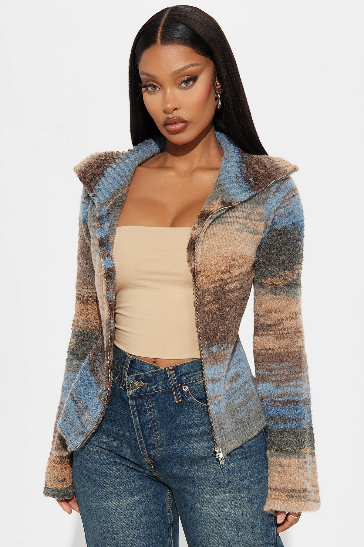 Take Your Time Front Zip Sweater - Blue/combo — Azul/combinação