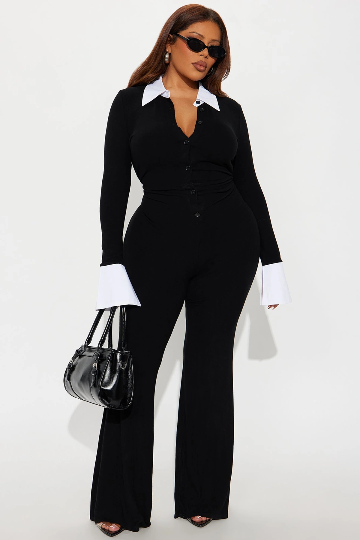 Collegiate Cutie Long Sleeve Flare Jumpsuit - Black — Preto