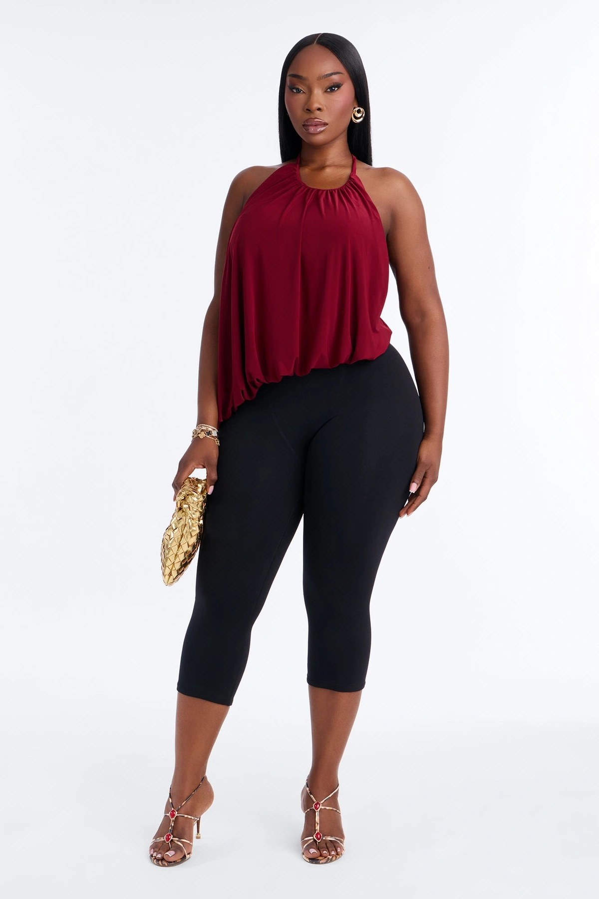 Selena Ruched Asymmetrical Halter Top - Wine — Vinho