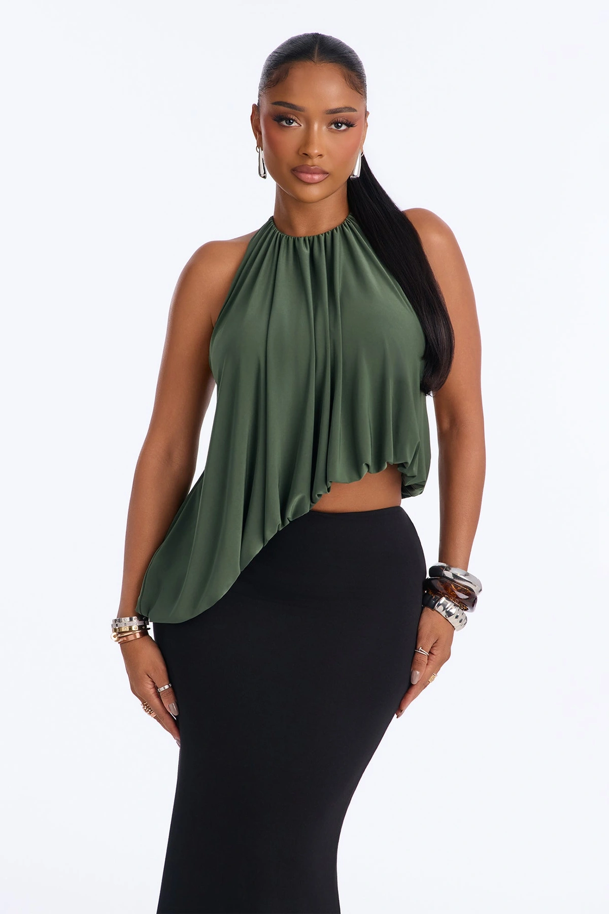 Selena Ruched Asymmetrical Halter Top - Olive — Verde-azeitona