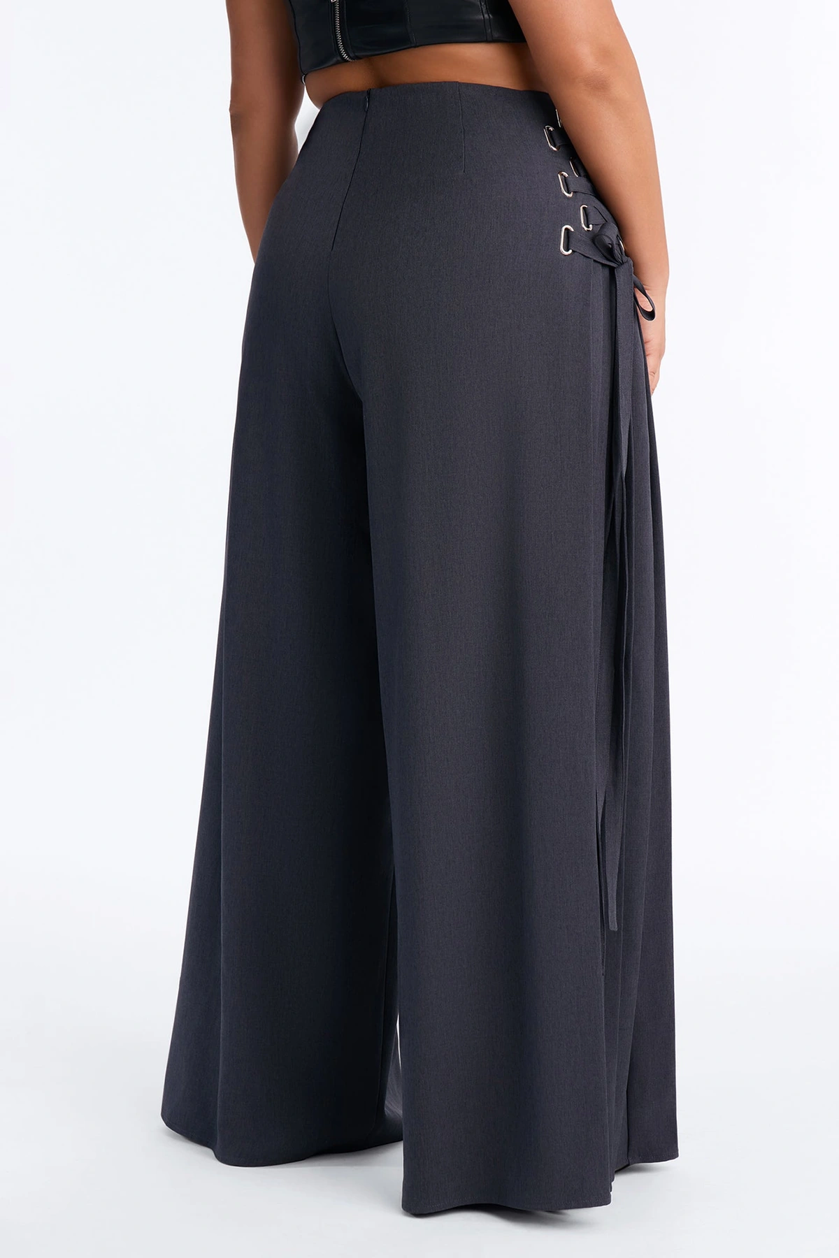 Tate High Rise Lace Up Pleated Wide Leg Trouser - Charcoal — Cinzento-escuro
