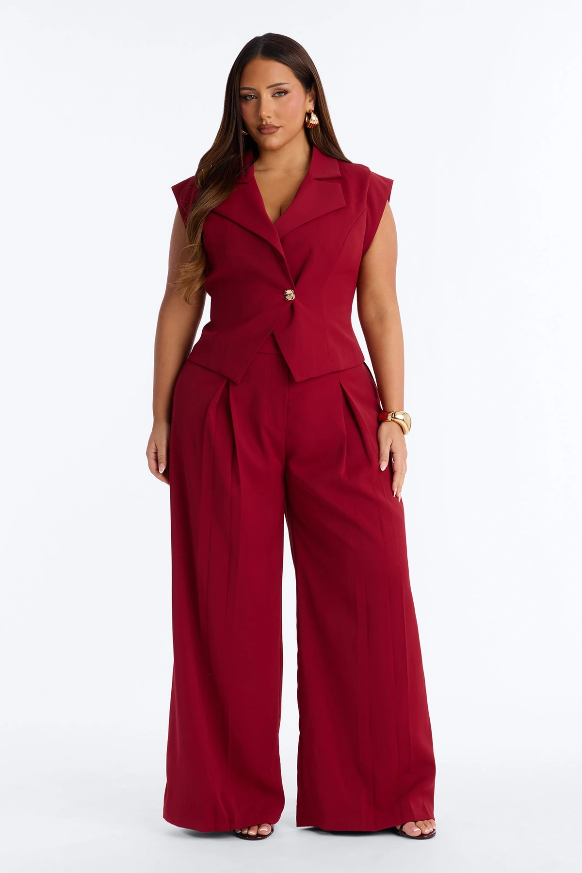 Feeling Polished Cinched Vest Pant Set - Burgundy — Bordô
