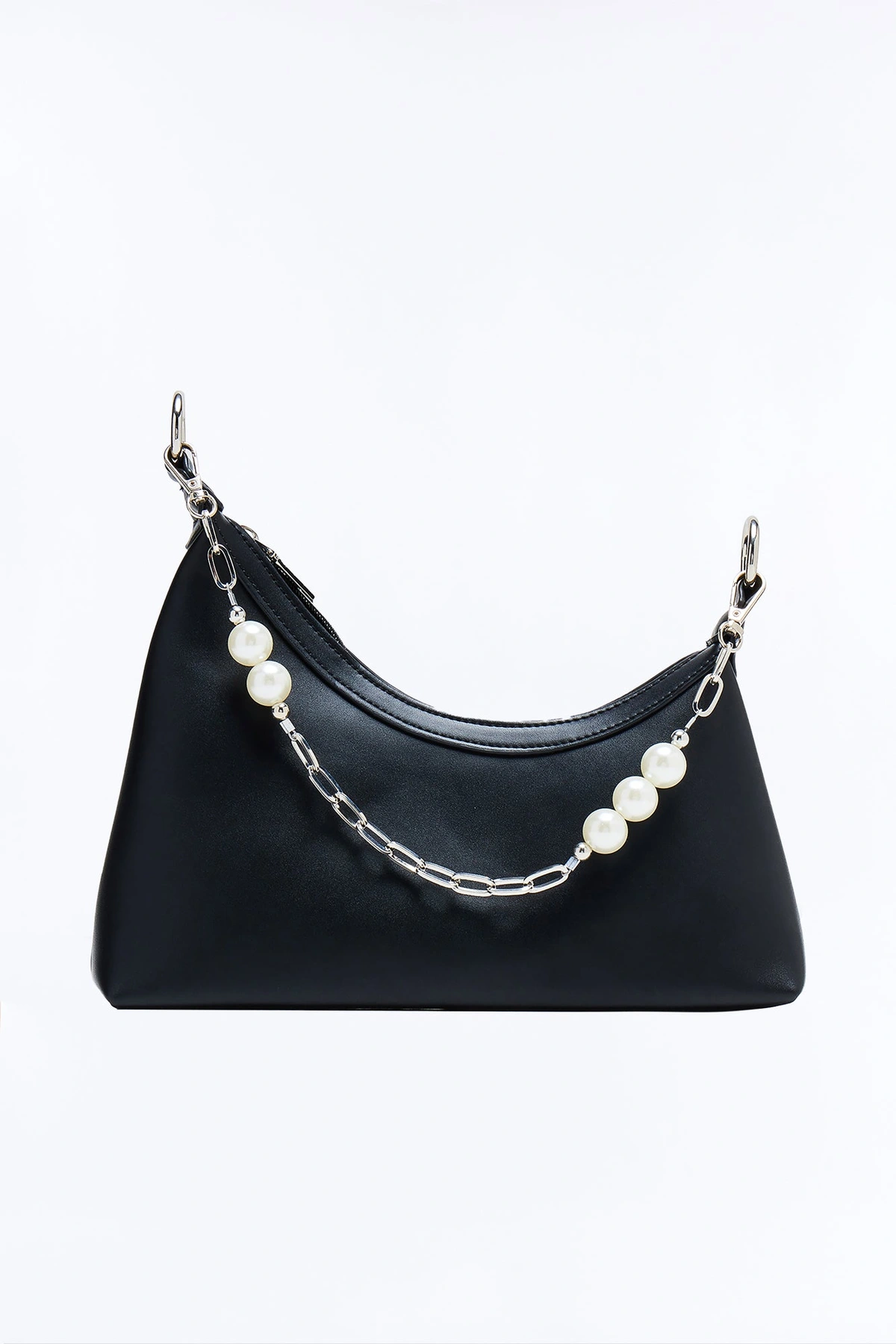 Pearls And Chains Faux Leather Shoulder Handbag - Black — Preto