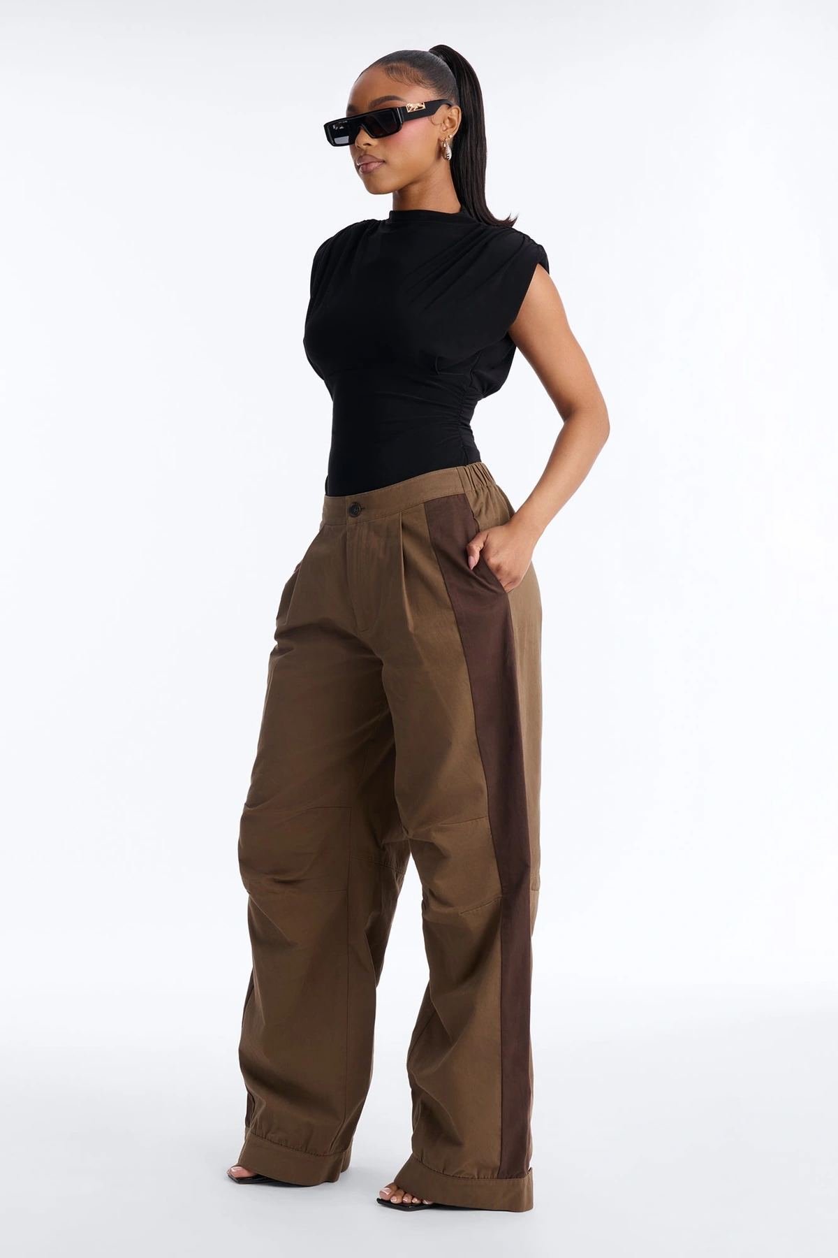 Zuri Mid Rise Colorblock Wide Leg Pant 32″ - Olive/combo — Verde-azeitona/combinação
