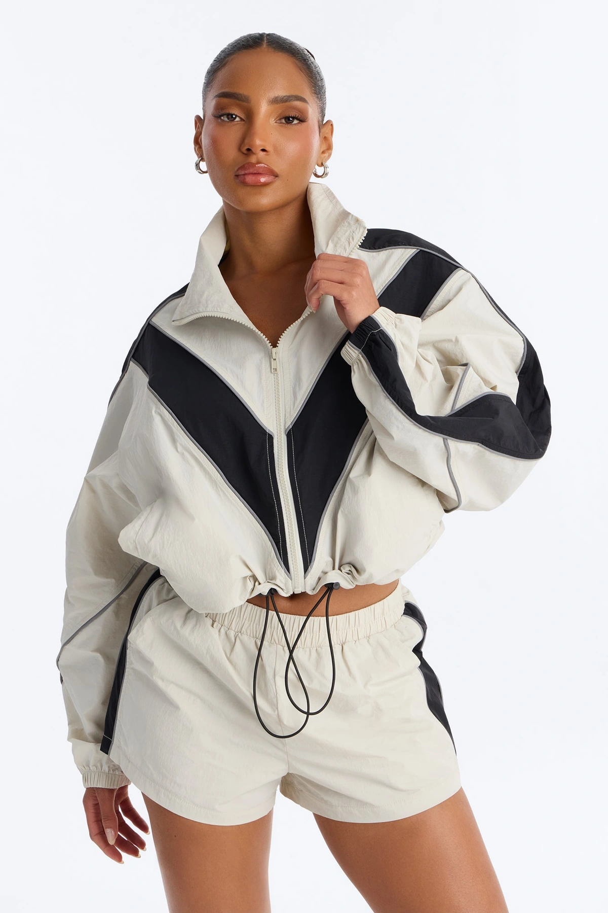 Break A Sweat Windbreaker Funnel Neck Track Jacket - Taupe/combo — Bege acinzentado/combinação