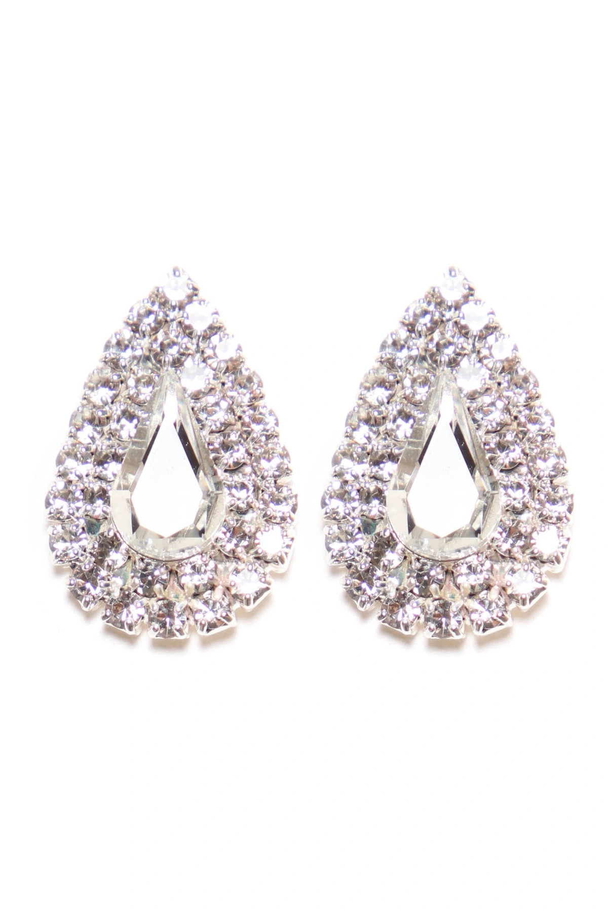 Tear Drop Rhinestone Earrings - Silver — Prateado