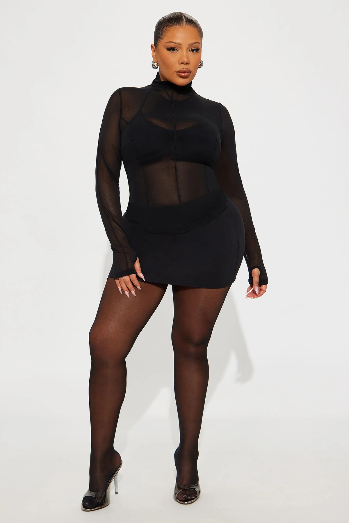 Power Mesh Mock Neck Long Sleeve Top - Black — Preto