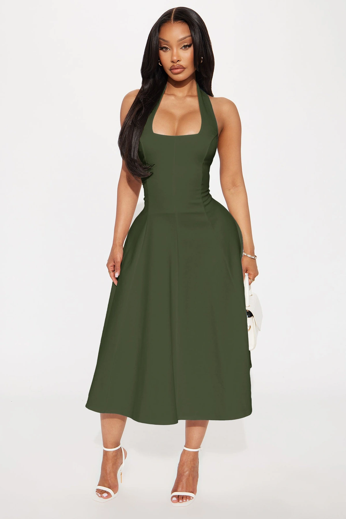 Mabel Ponte Midi Dress - Olive — Verde-azeitona