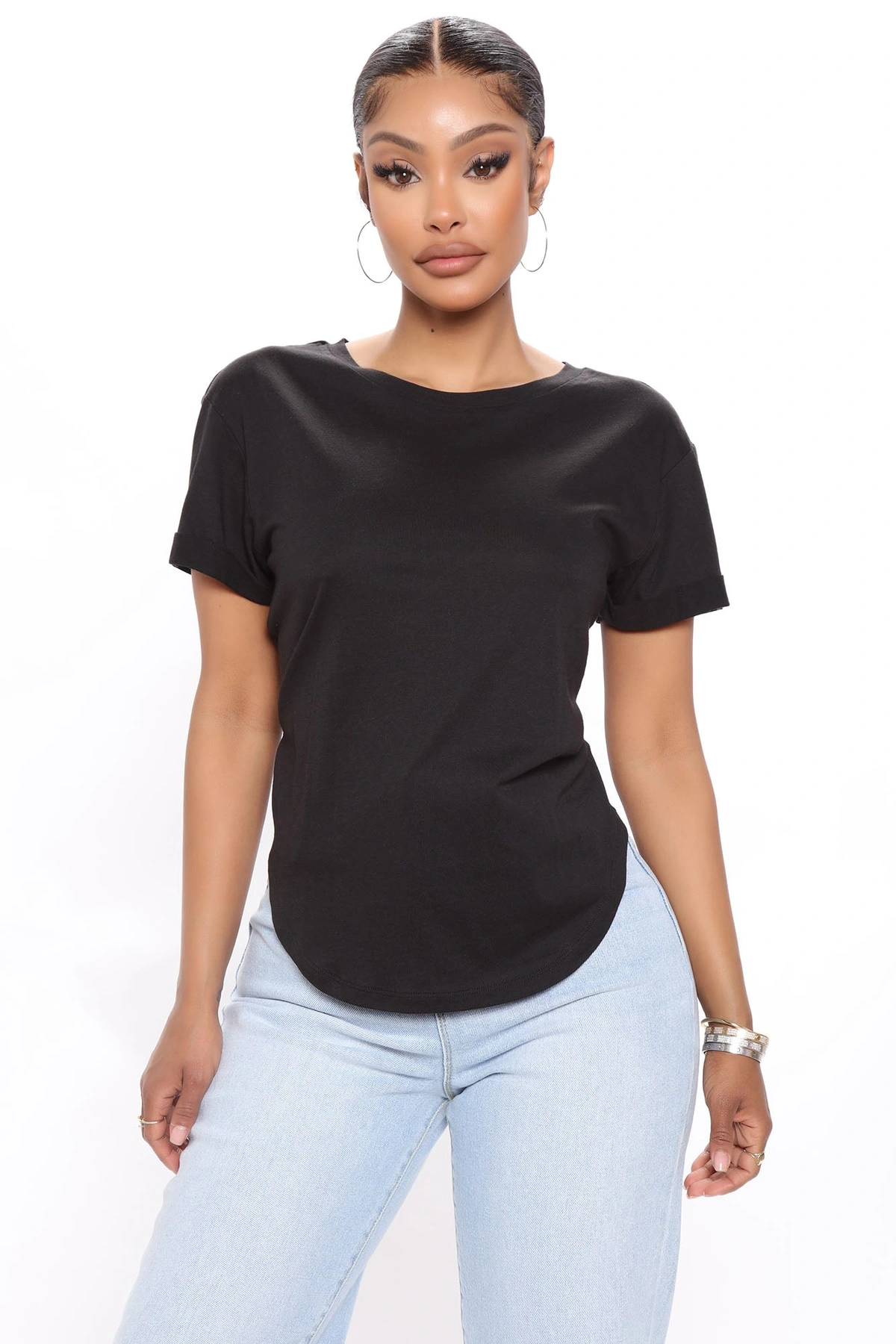 Annie Cuffed Short Sleeve Top - Black — Preto