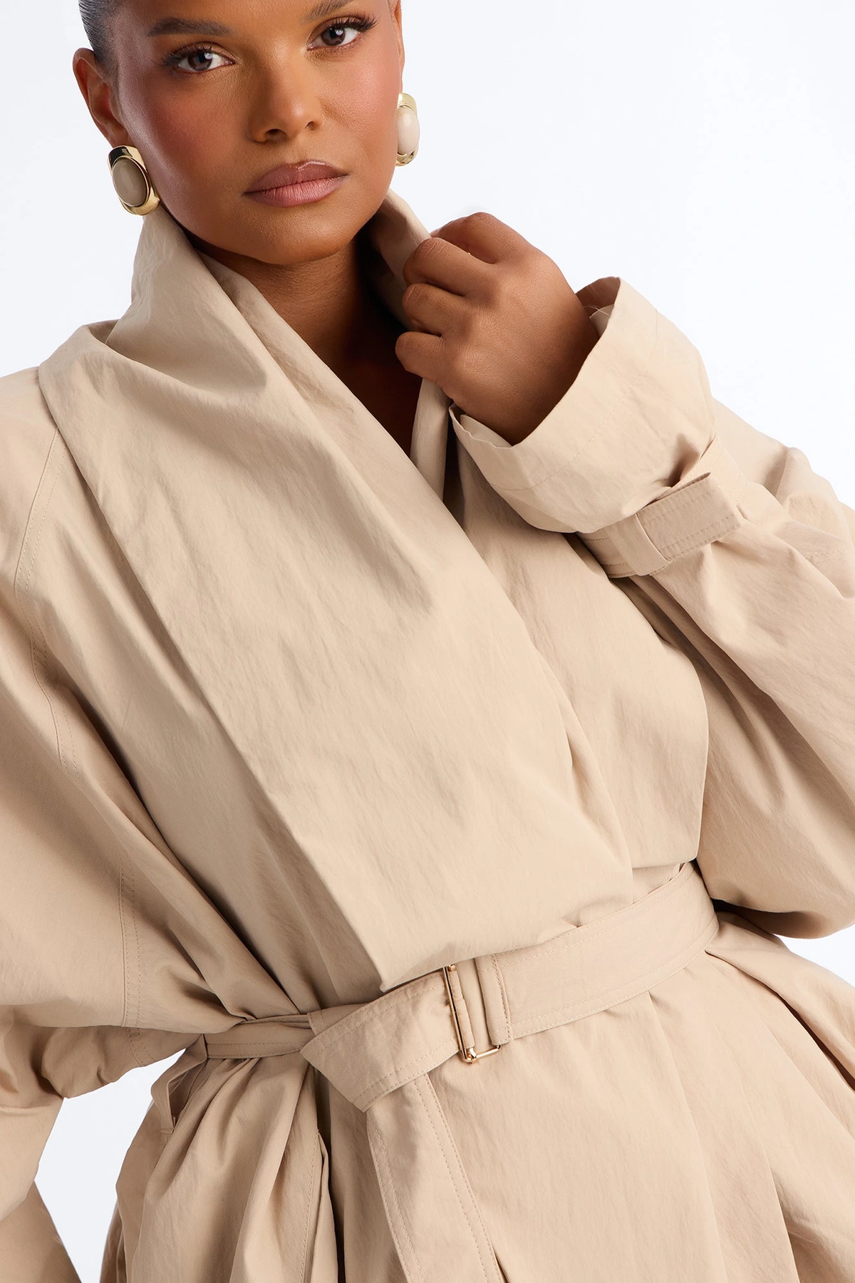 Caitlyn Gathered Belted Shawl Collar Twill Coat - Khaki — Caqui