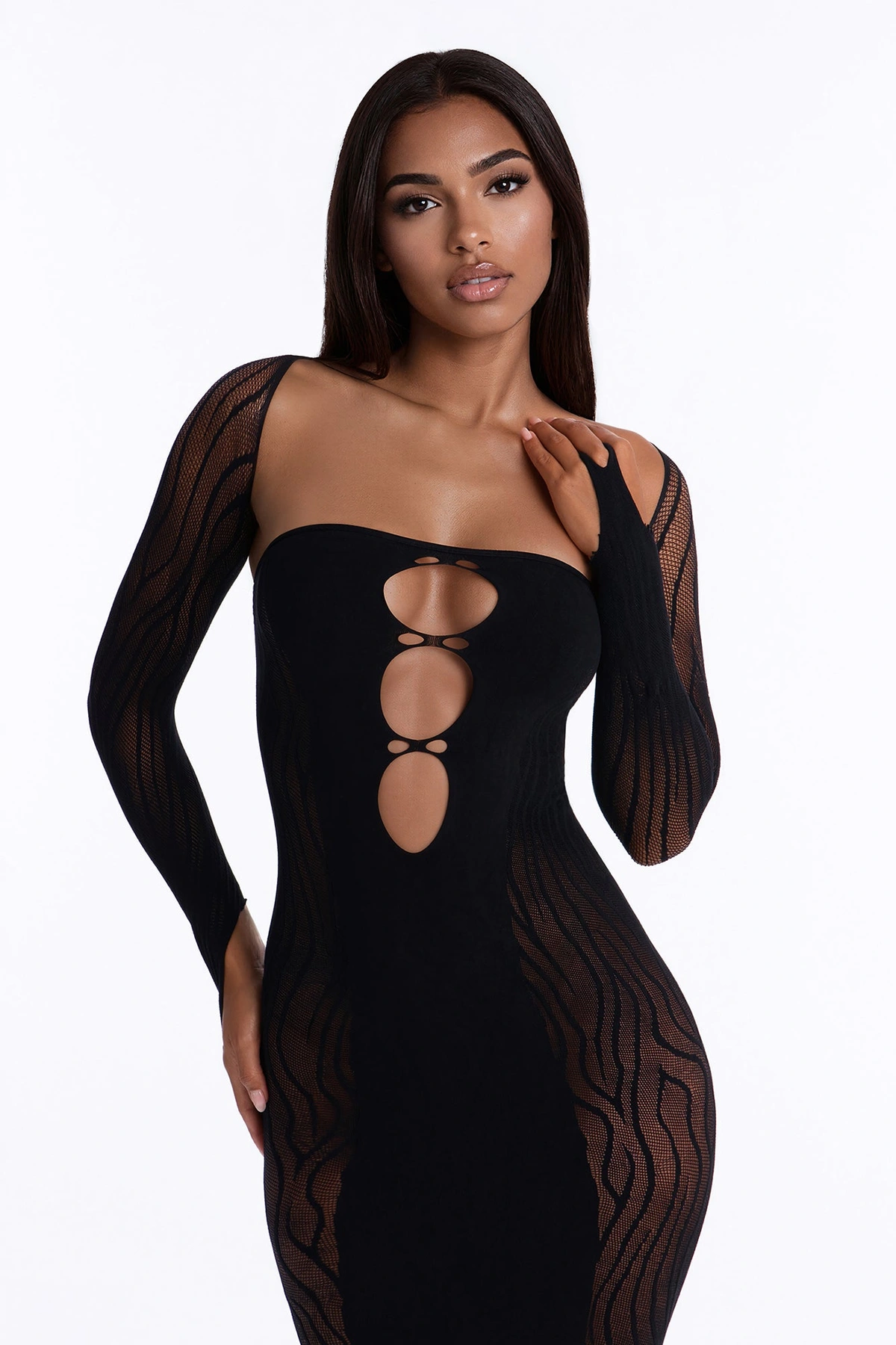 Whispering Sheer Midi Bodystocking Dress - Black — Preto