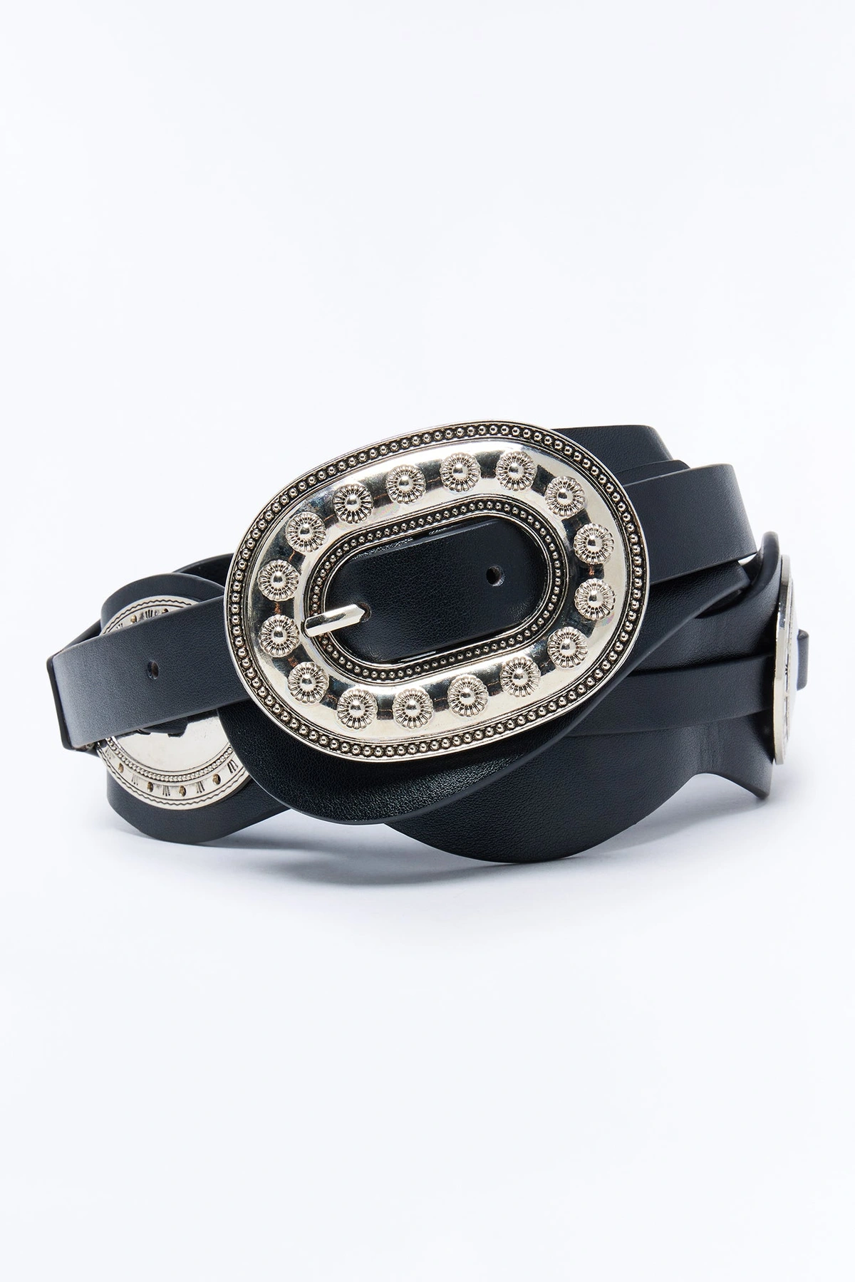 Western Wave Faux Leather Belt - Silver/Black — Prateado/Preto