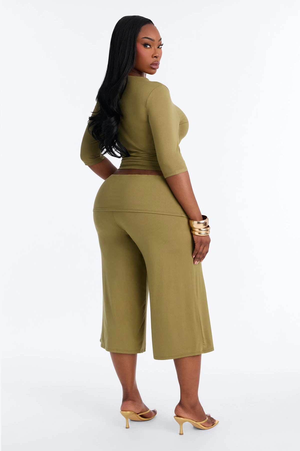 Kyla Foldover Gaucho Pant Set - Olive — Verde-azeitona