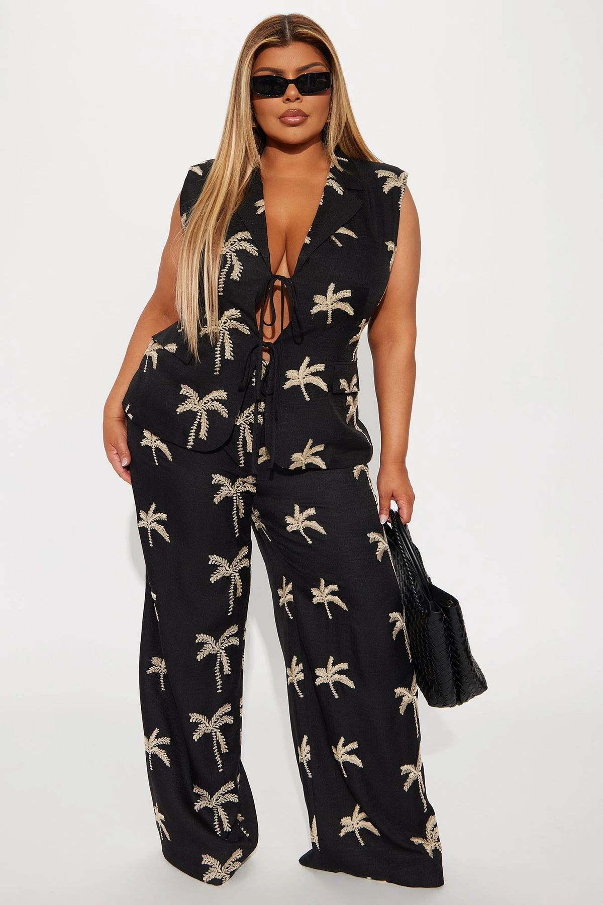 Vacation Palms Linen Pant Set - Black — Preto