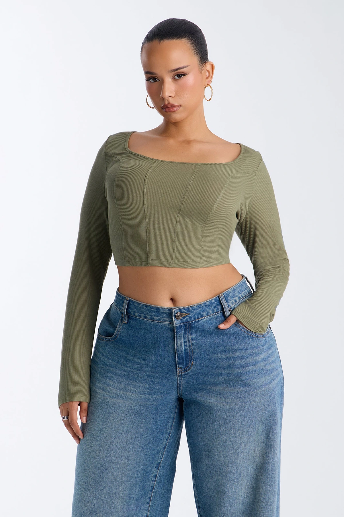 Daria Ribbed Top - Olive — Verde-azeitona