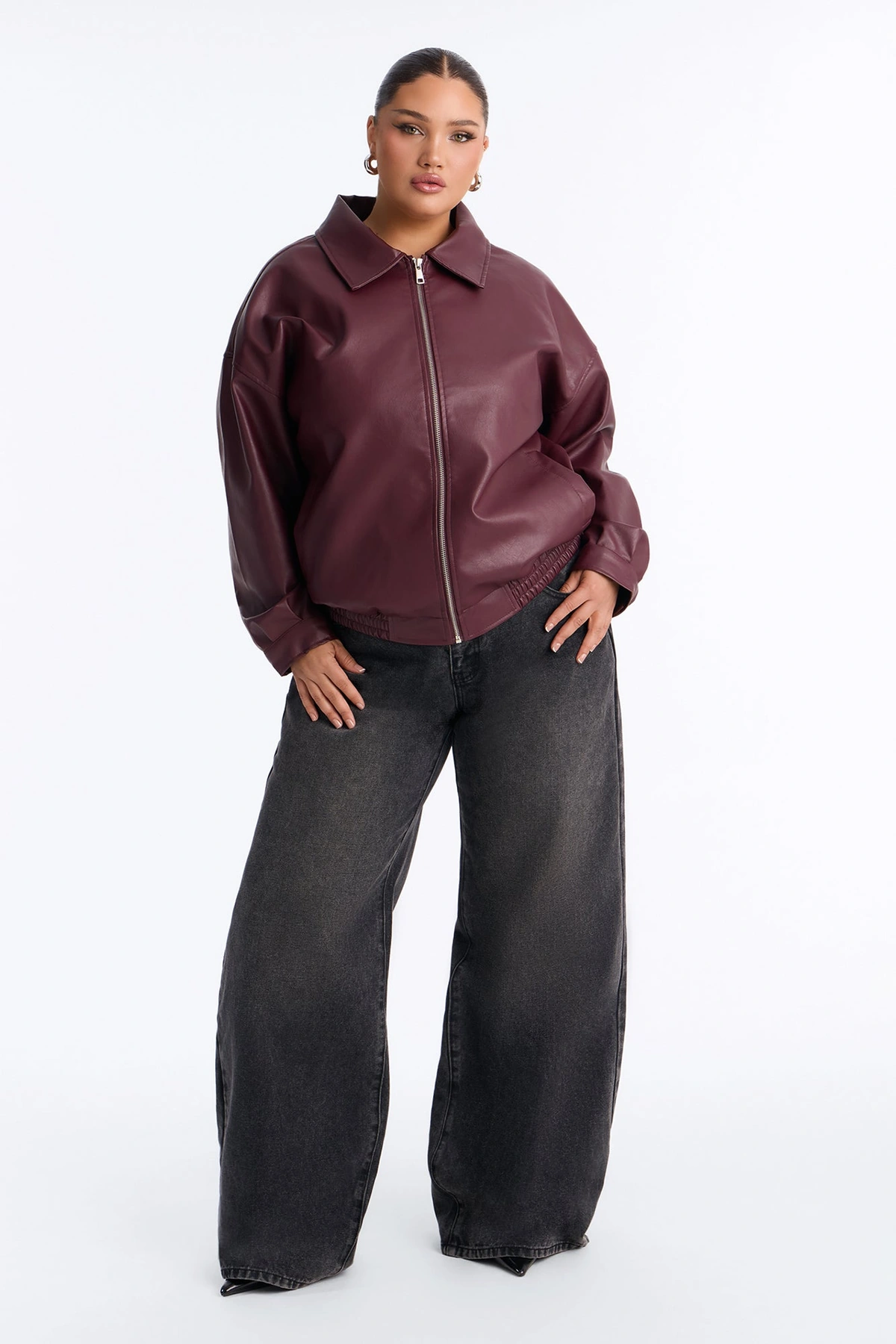 Hustle Mode Oversized Faux Leather Jacket - Burgundy — Bordô