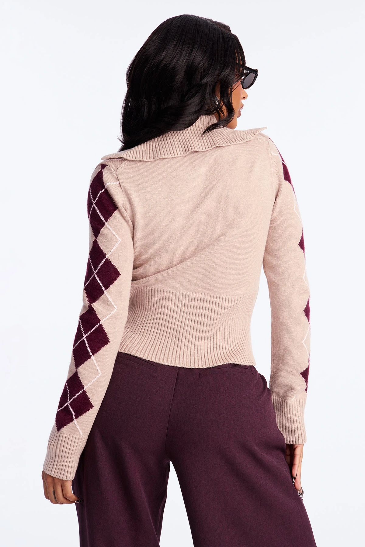 Status Update Front Zip Argyle Cardigan - Oatmeal/combo — Aveia/combinação