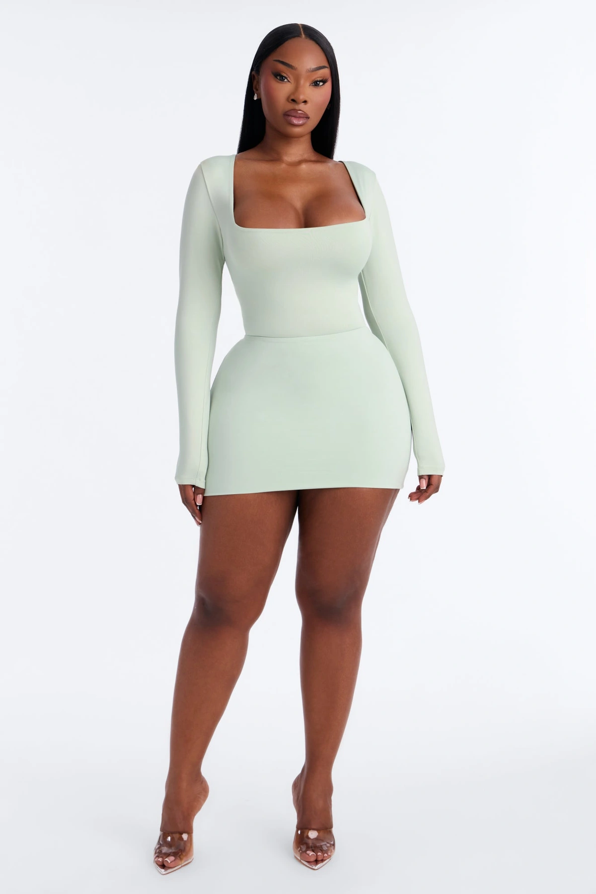 Contour Double Lined Long Sleeve Square Neck Bodysuit - Mint — Verde-menta