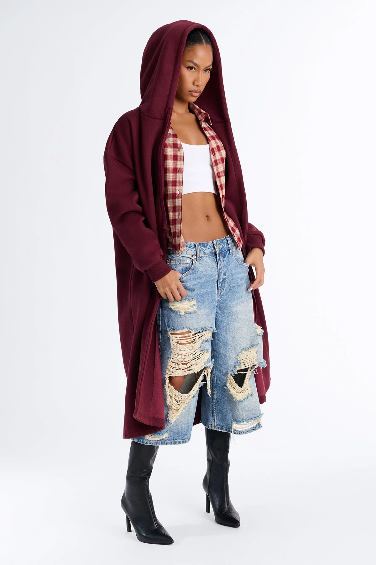 Jolie Cozy Fleece Trench - Burgundy — Bordô