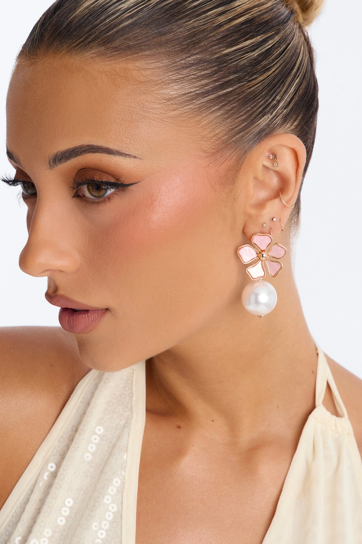 Wildflower Kiss Drop Earrings - Gold/Pink — Dourado/Rosa