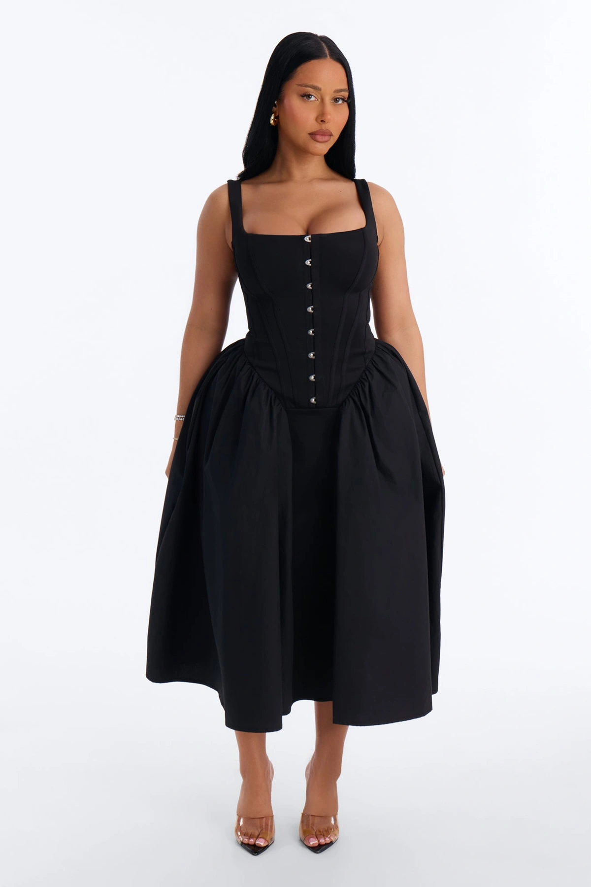Renna Corset Midi Dress - Black — Preto