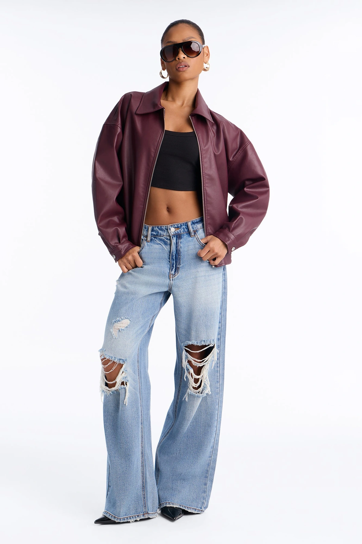 Hustle Mode Oversized Faux Leather Jacket - Burgundy — Bordô