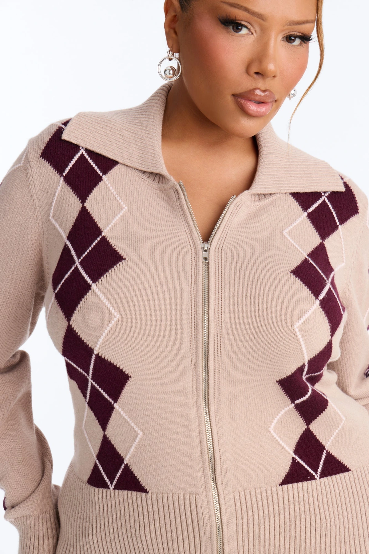 Status Update Front Zip Argyle Cardigan - Oatmeal/combo — Aveia/combinação