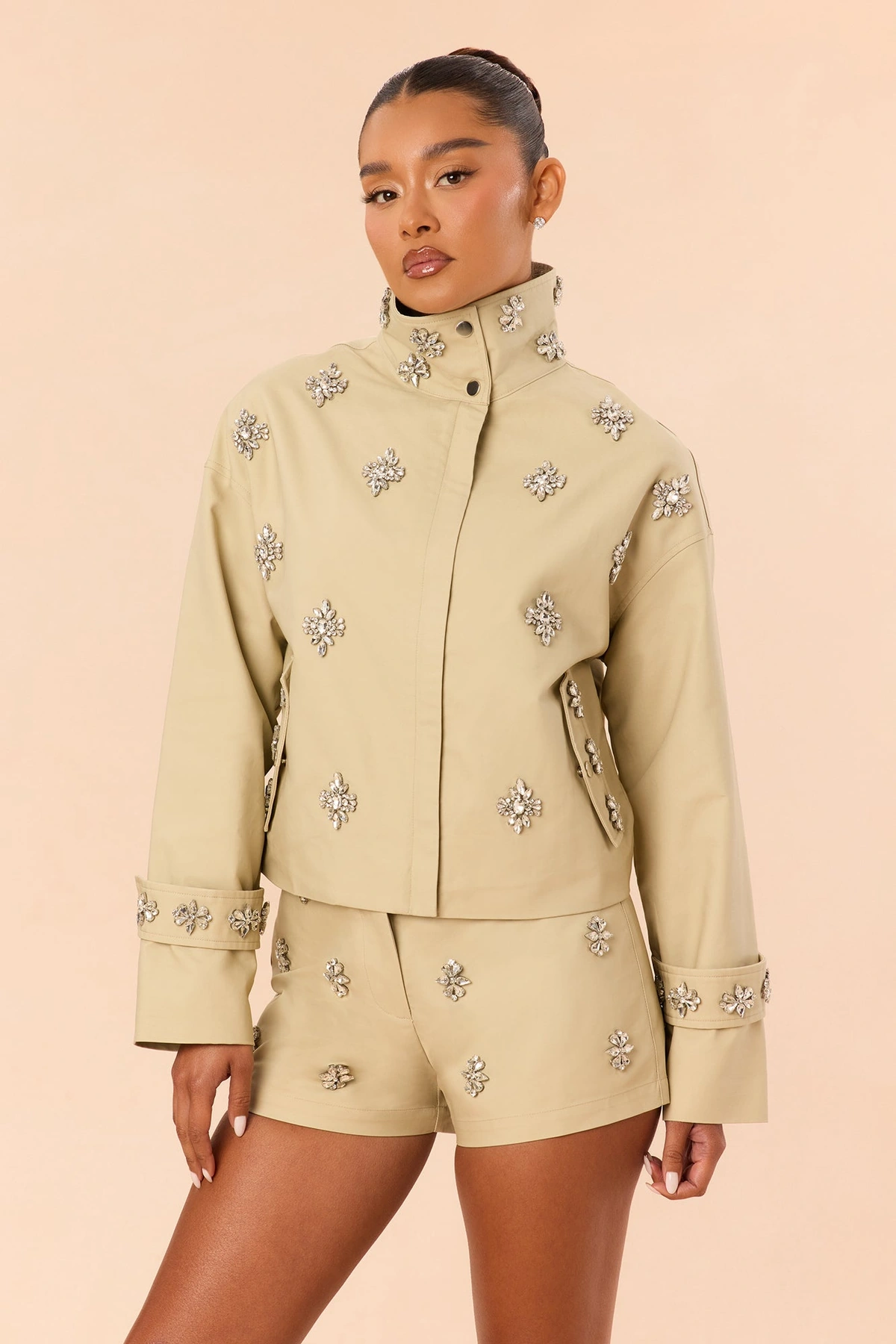 Daria Rhinestone Short Set - Taupe — Bege acinzentado