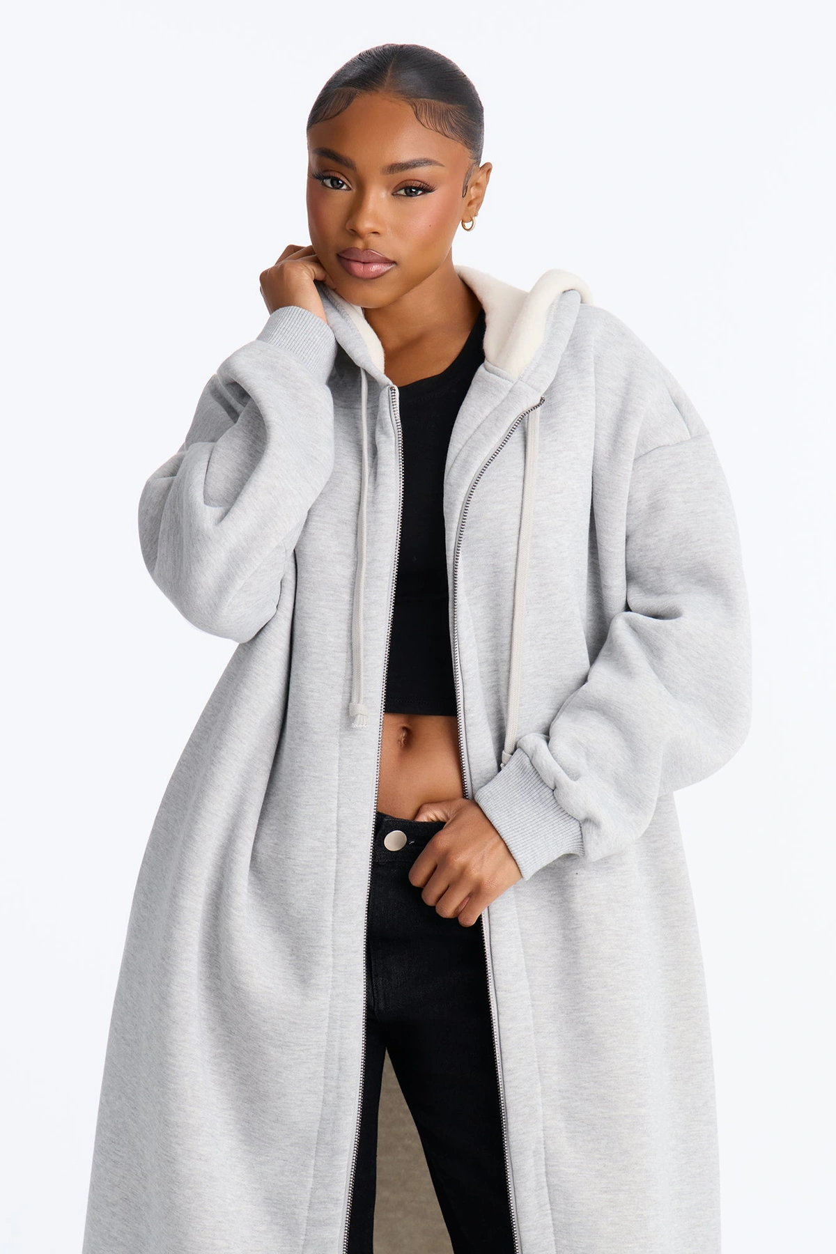 Sunday Lounge Fleece Hooded Long Jacket - Heather Grey — Cinzento mesclado