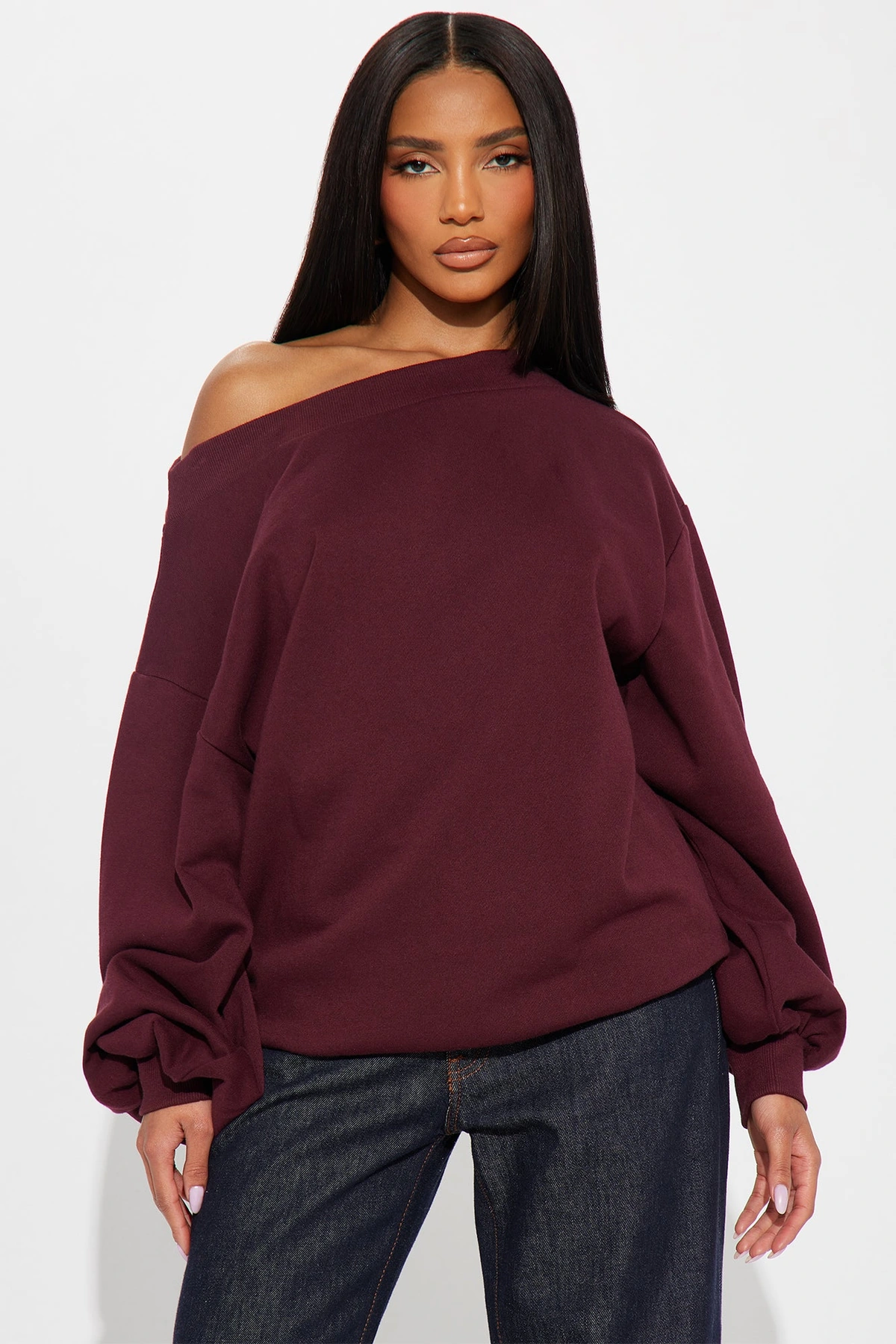 Vera Off Shoulder Oversized Sweatshirt - Burgundy — Bordô